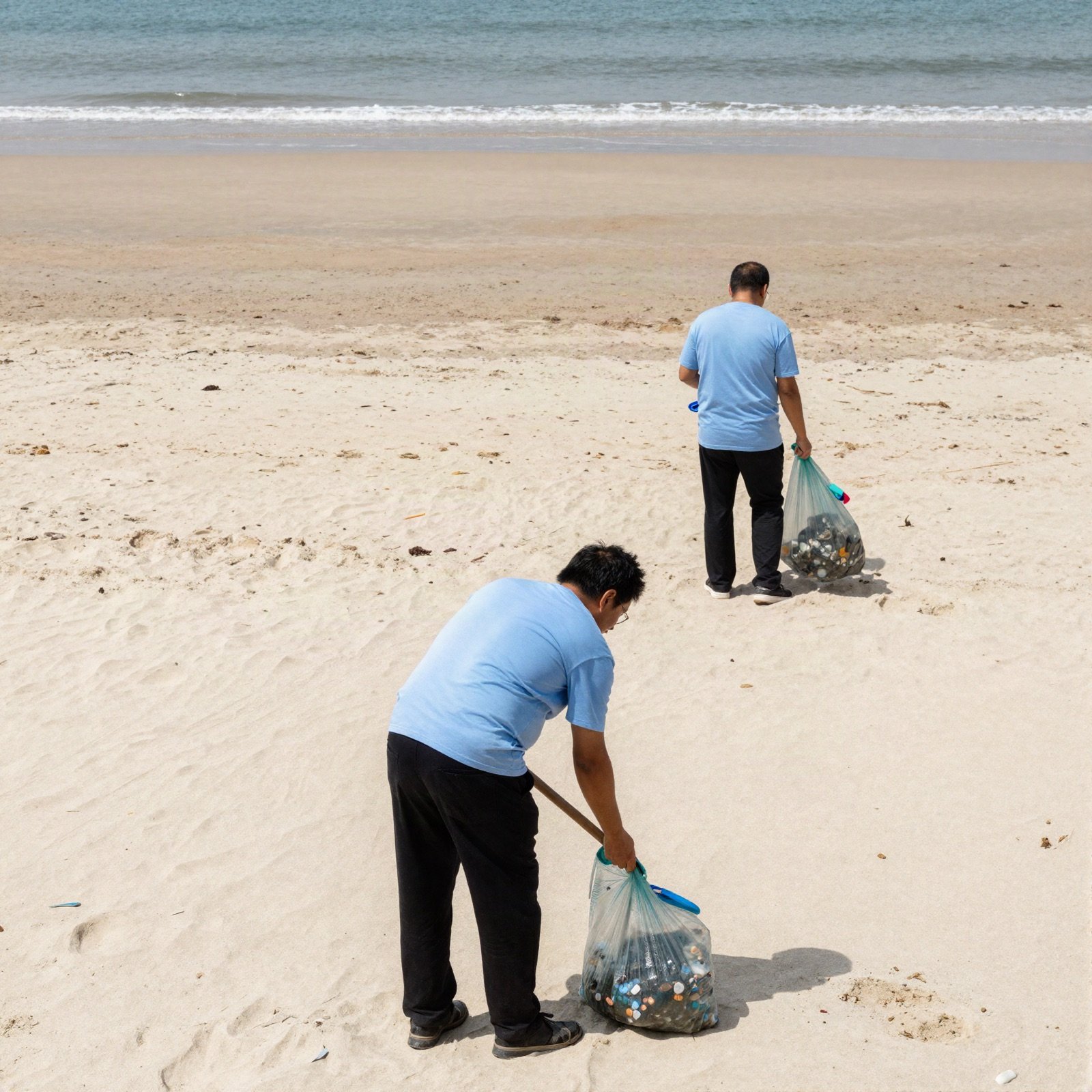 Two volunteers collecting litter into bags on a sandy beach by the sea