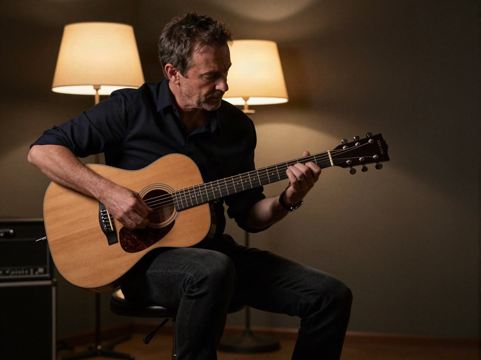 A guitarist playing an acoustic guitar on a stool in a dim room lit by warm lamps