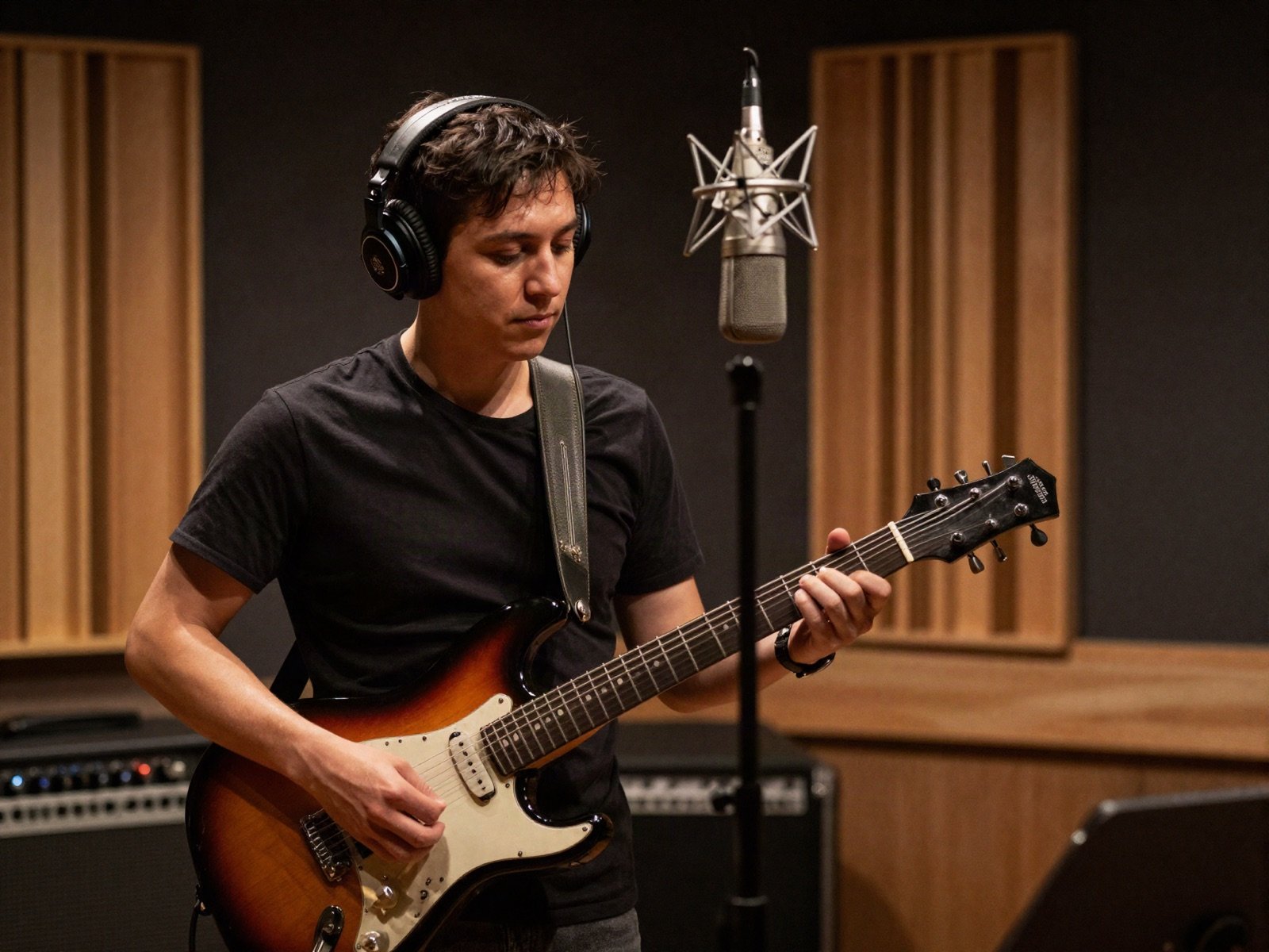 A guitarist in headphones recording electric guitar at a studio microphone
