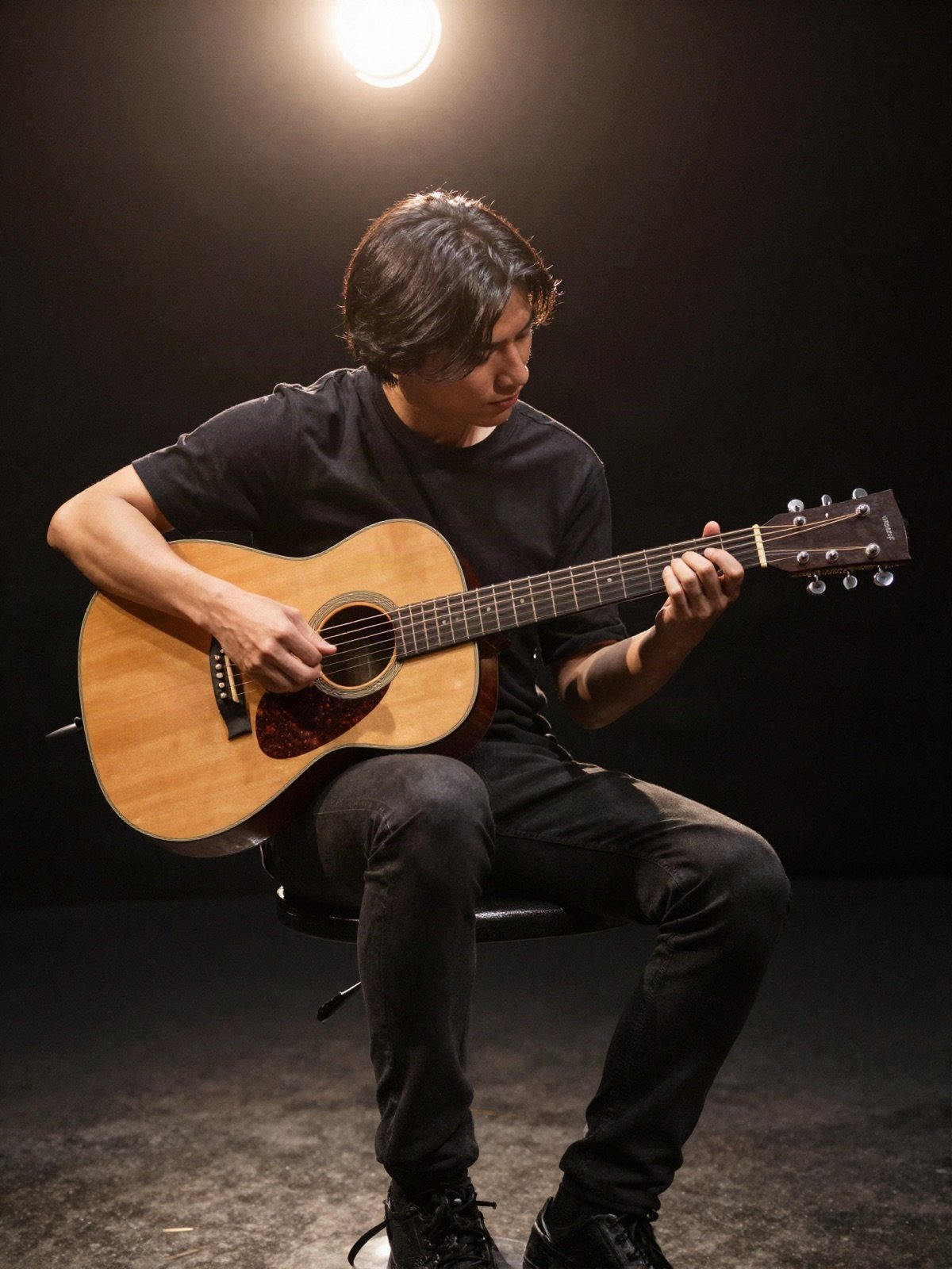 A guitarist playing fingerstyle acoustic guitar under a single warm spotlight