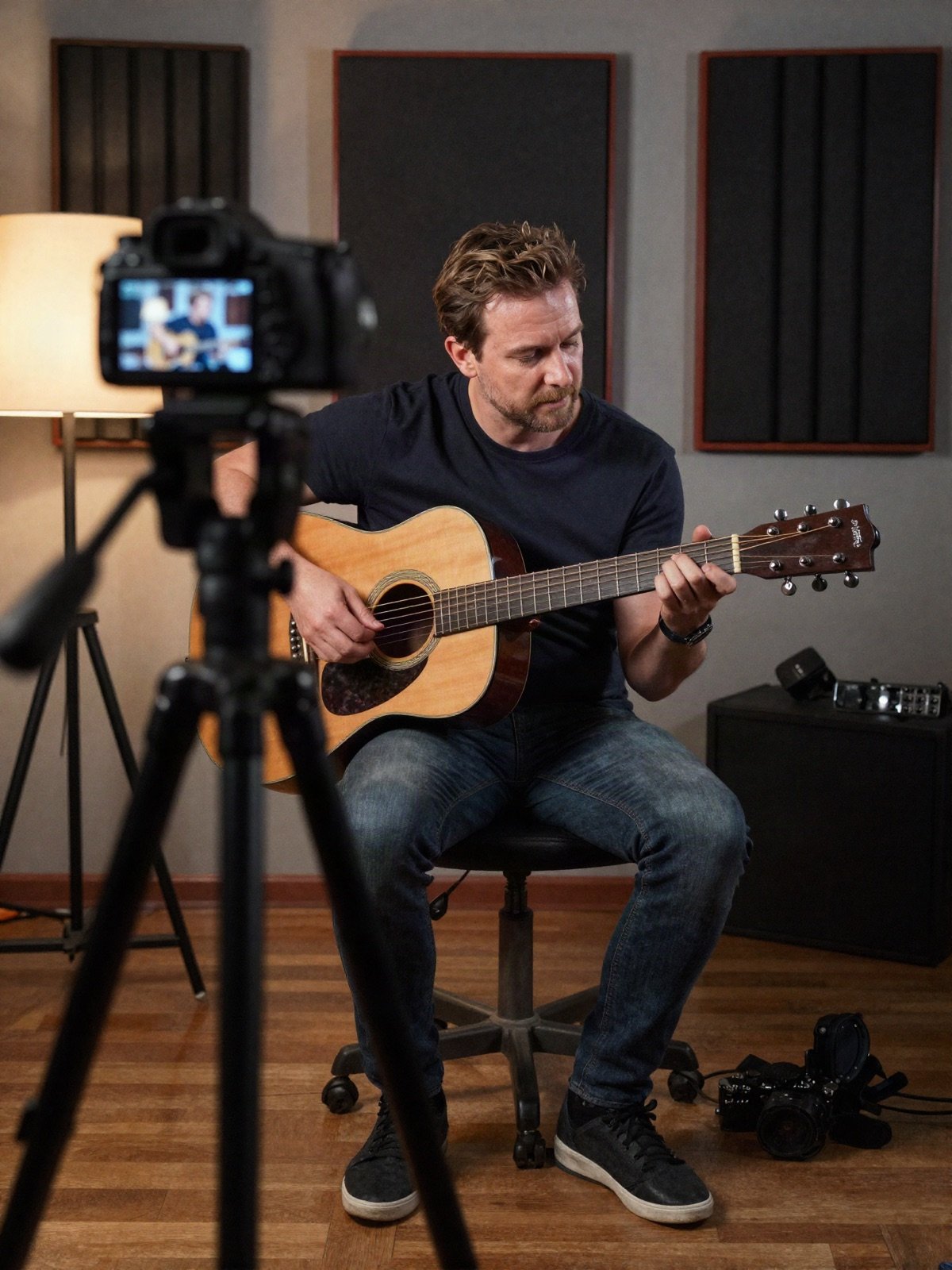 A guitarist recording a video lesson on acoustic guitar in a home studio