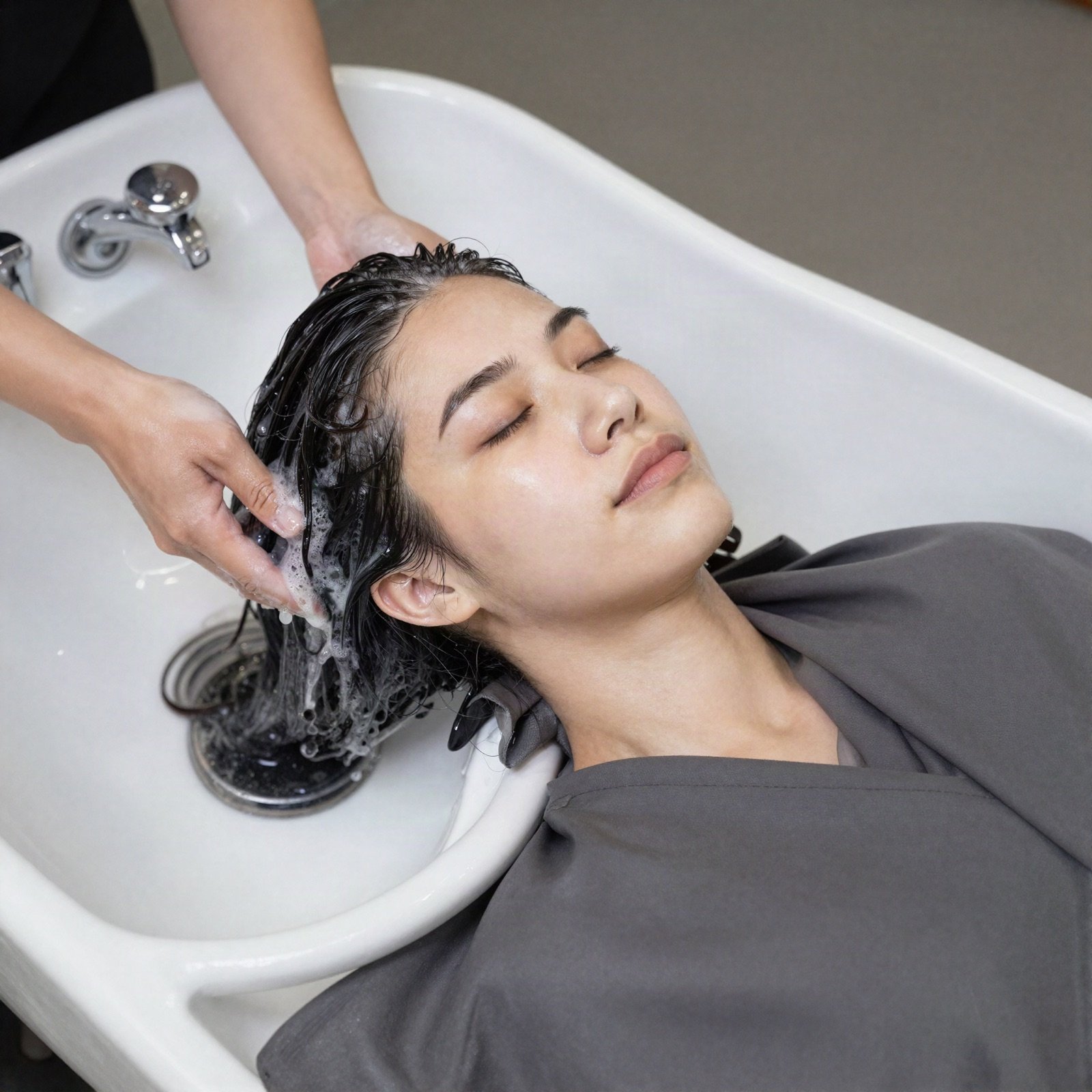 عميلة تسترخي عند حوض الغسيل