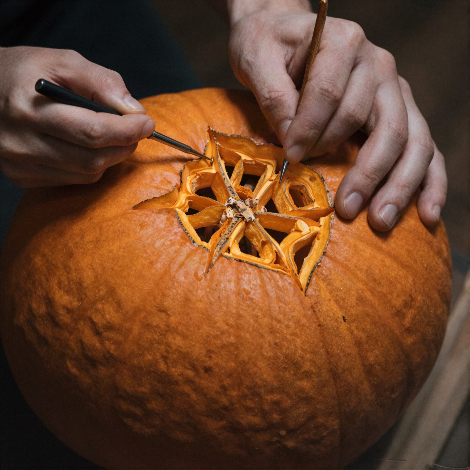 An artist carving an intricate pattern into a pumpkin with fine tools