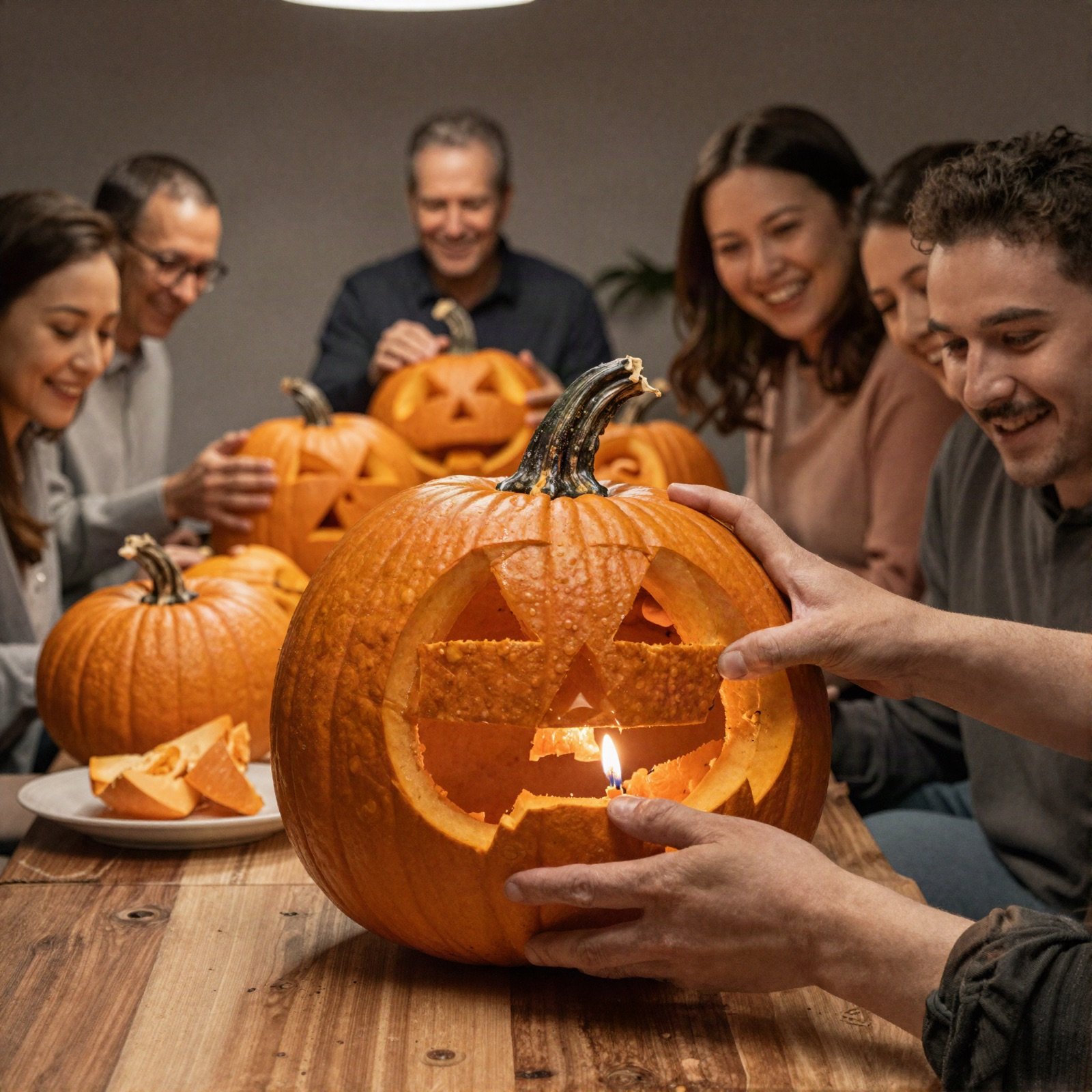 Smiling guests gathered around a table carving pumpkins together