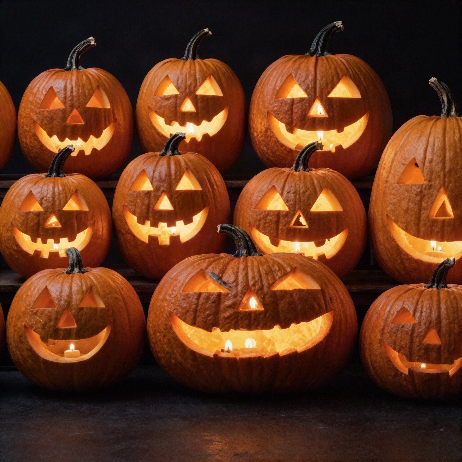 A display of many glowing carved pumpkins with different faces