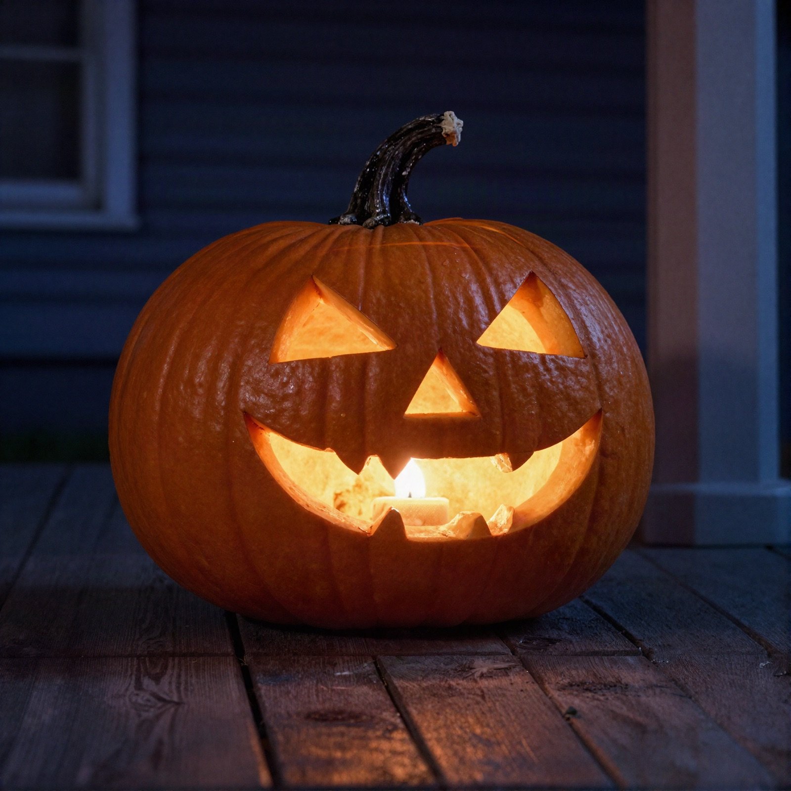Jack-o'-lantern glowing on a wooden porch at night