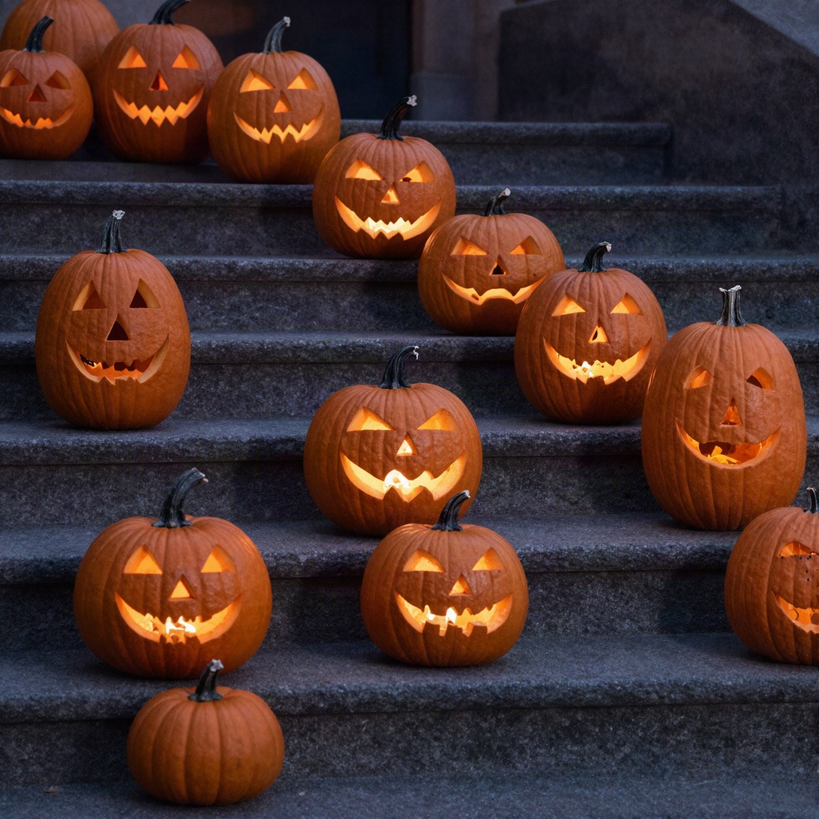 Rows of glowing carved pumpkins on stone steps