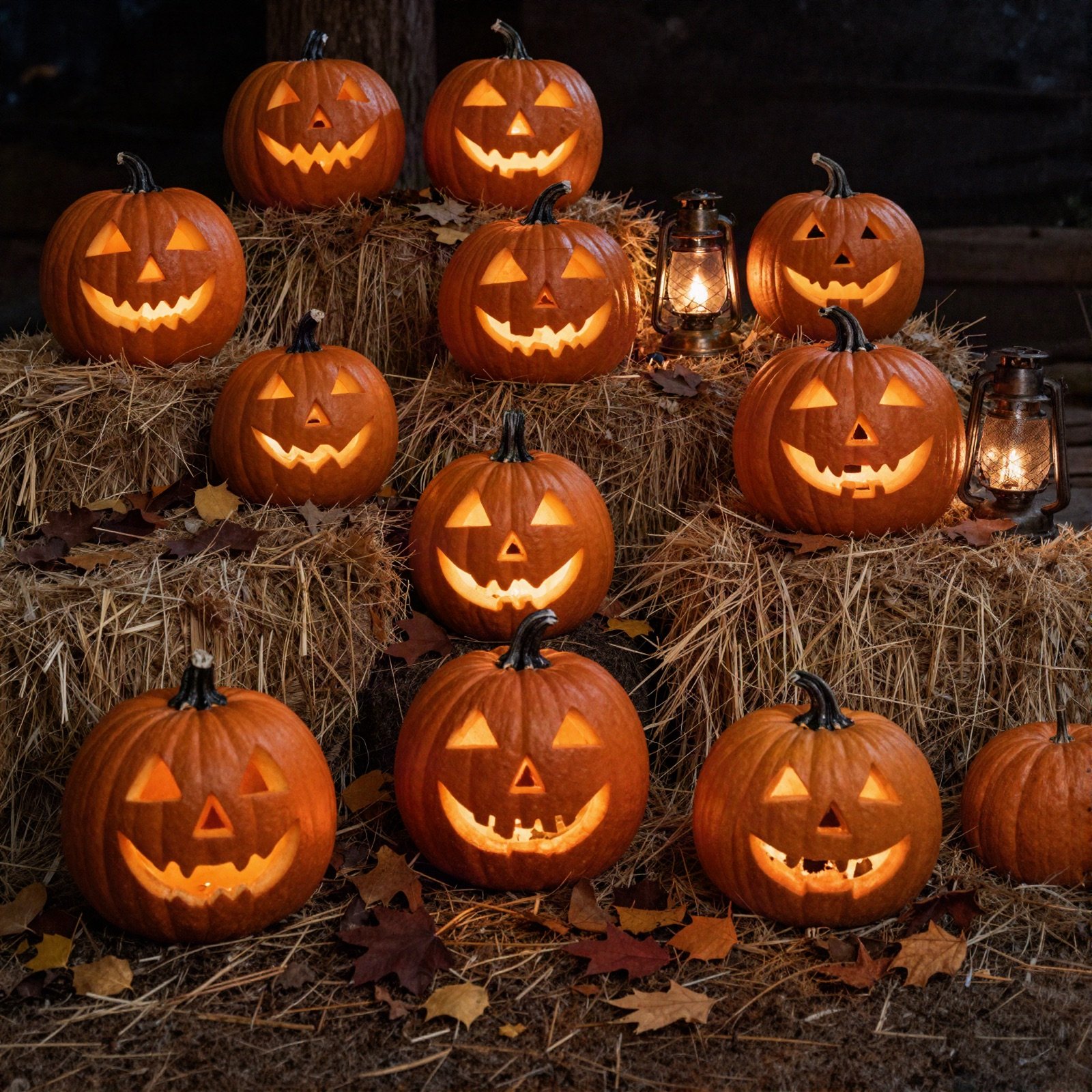 Jack-o'-lanterns among autumn leaves and hay bales