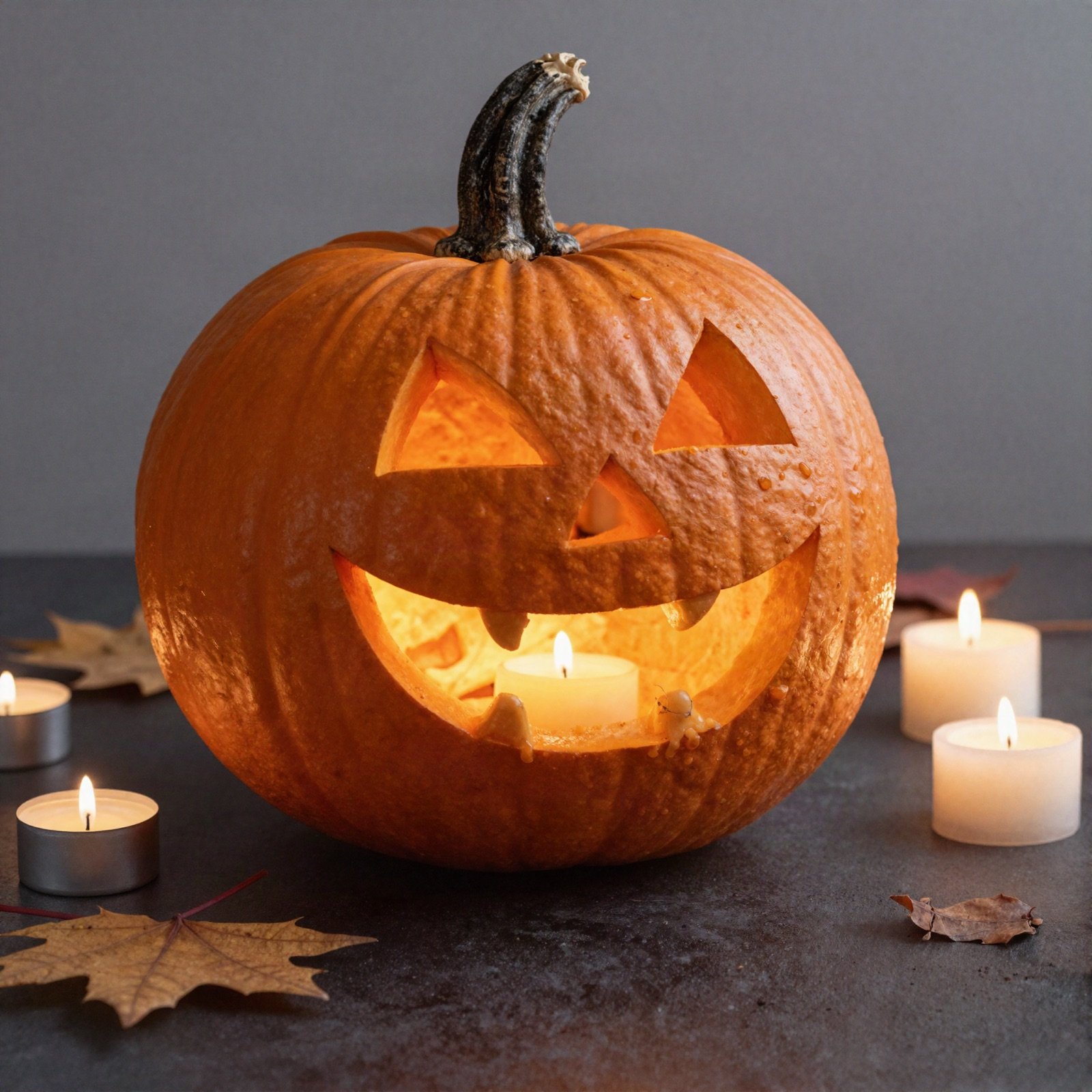 Glowing jack-o'-lantern with tea lights and autumn leaves