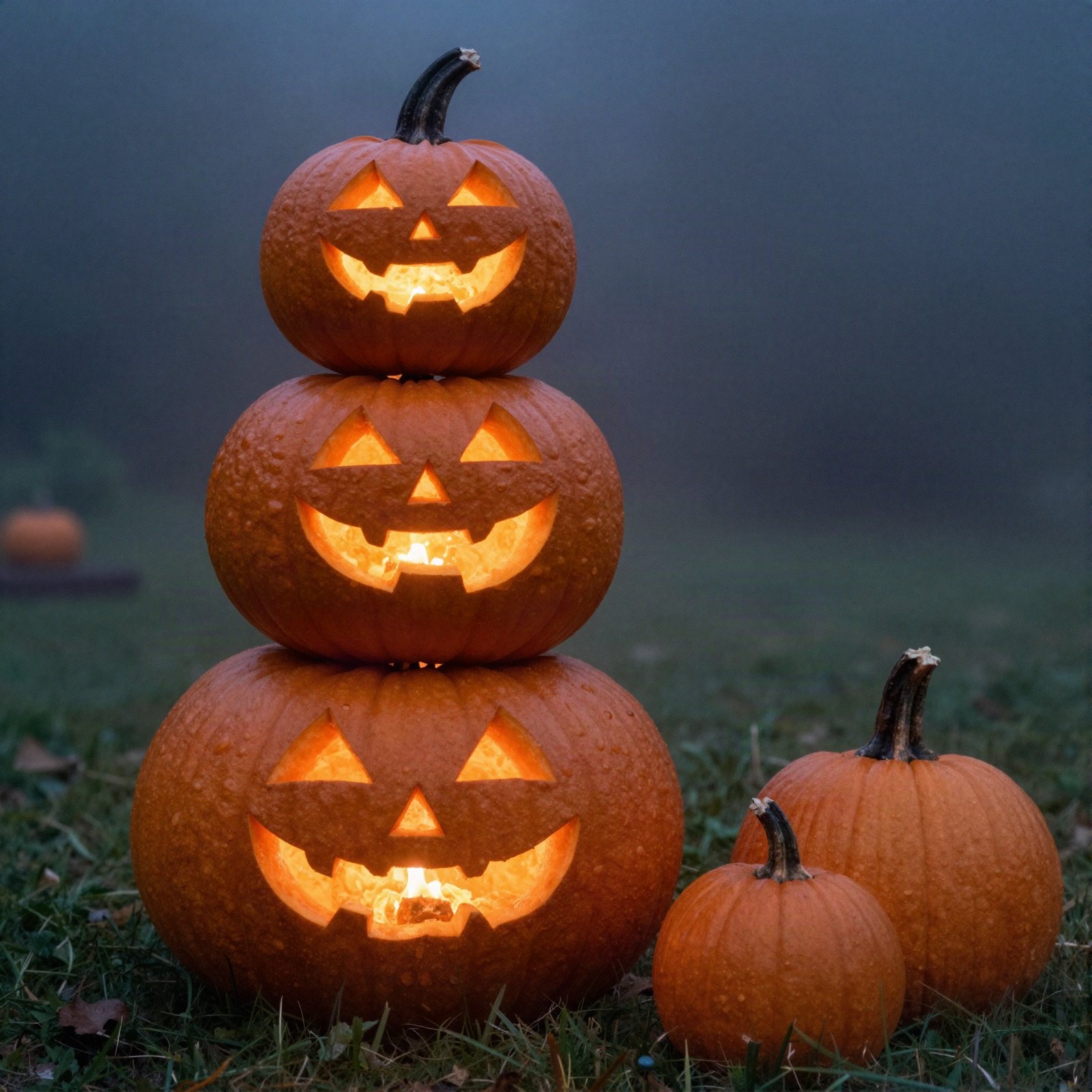 Stack of glowing carved pumpkins in a misty garden