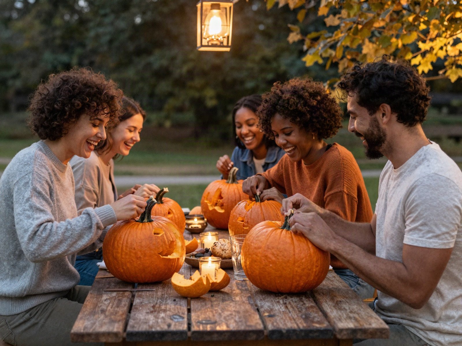 Friends laughing while carving pumpkins together at an outdoor table