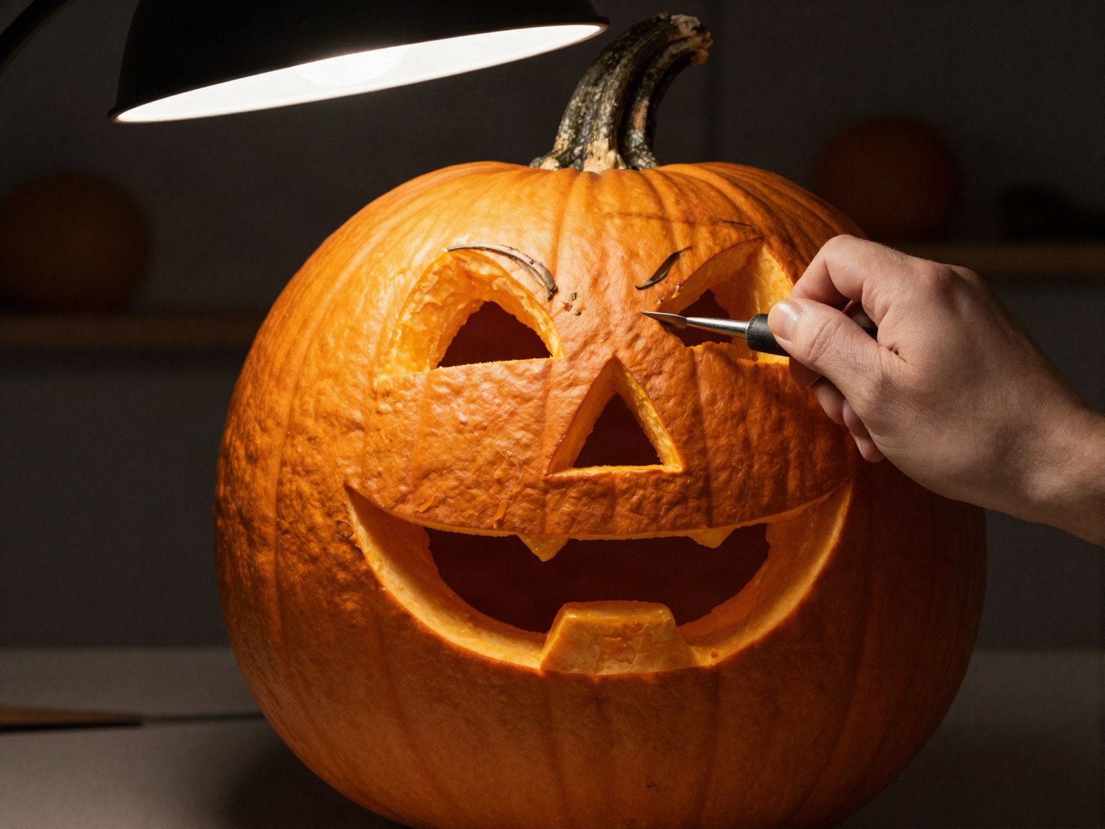 A carver sculpting a detailed face into a large pumpkin