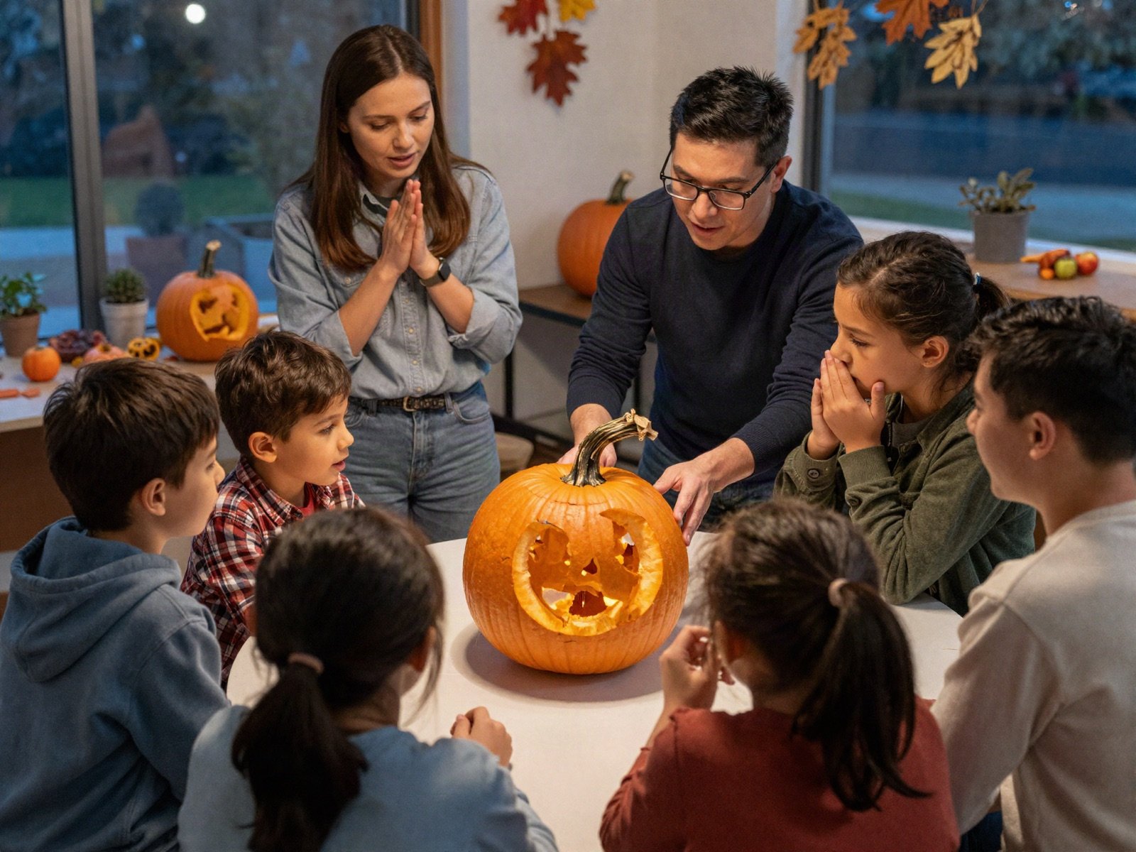 Families watching a pumpkin carving demonstration