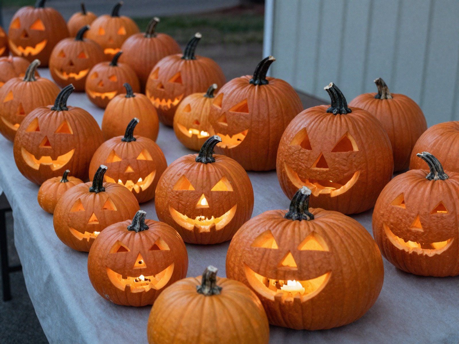 Display of carved pumpkins in many styles