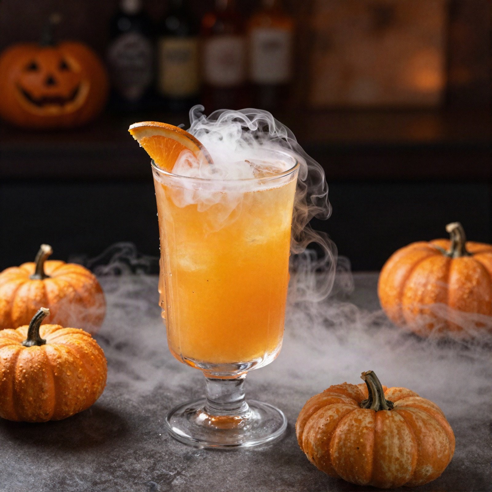 A smoking orange cocktail surrounded by small pumpkins