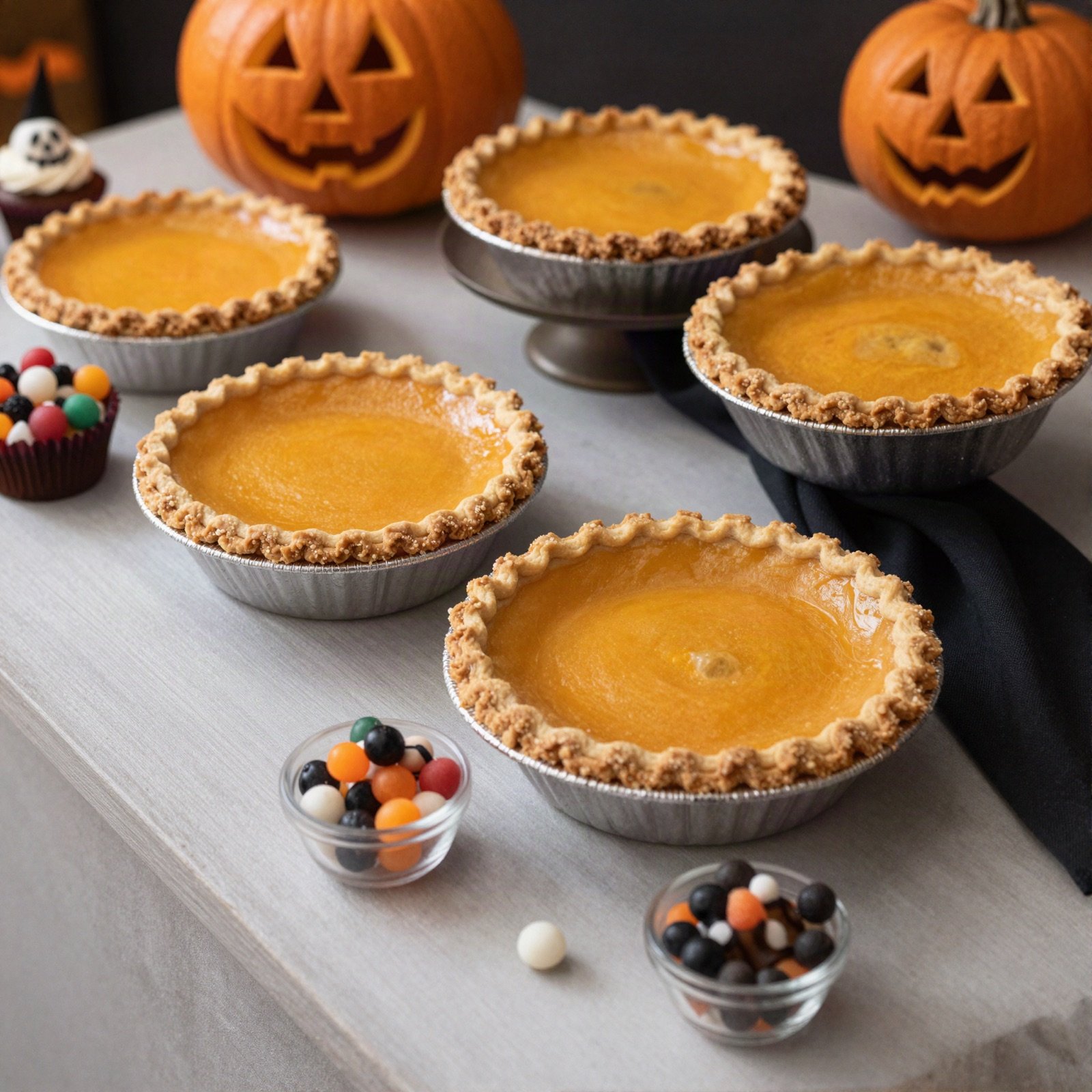 Pumpkin pies and bowls of candy on a Halloween dessert table