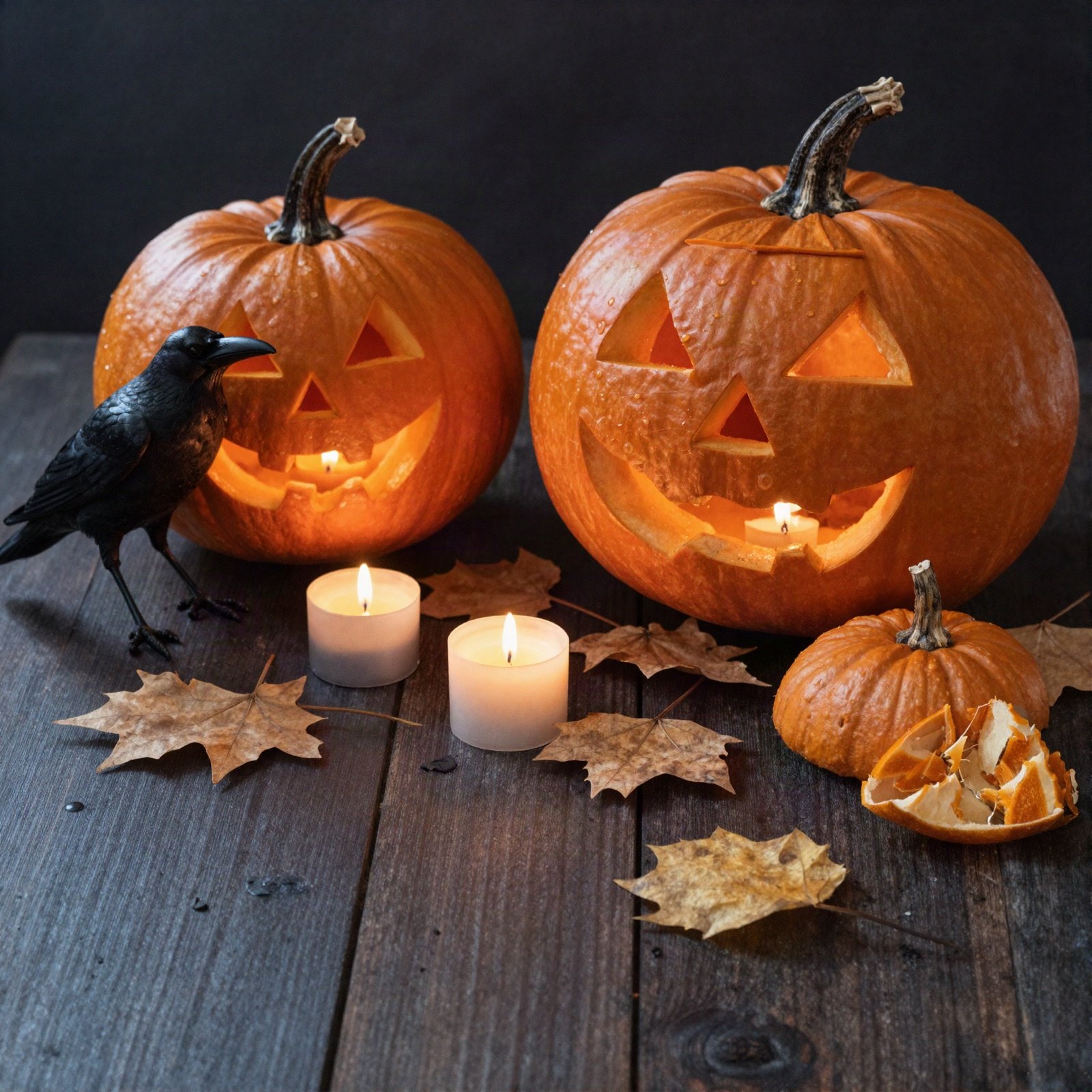 Carved pumpkins, candles, a crow figure and autumn leaves on a wooden table
