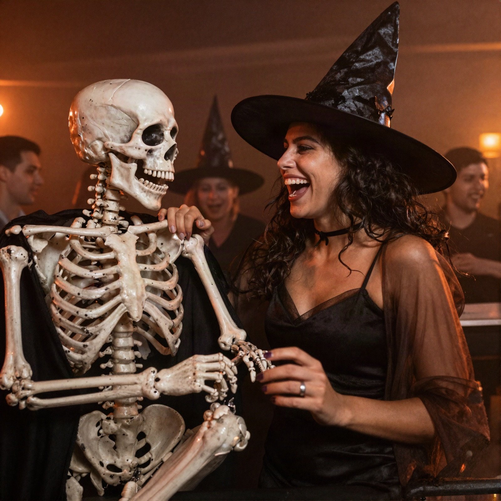 A guest in a witch costume laughing next to a skeleton