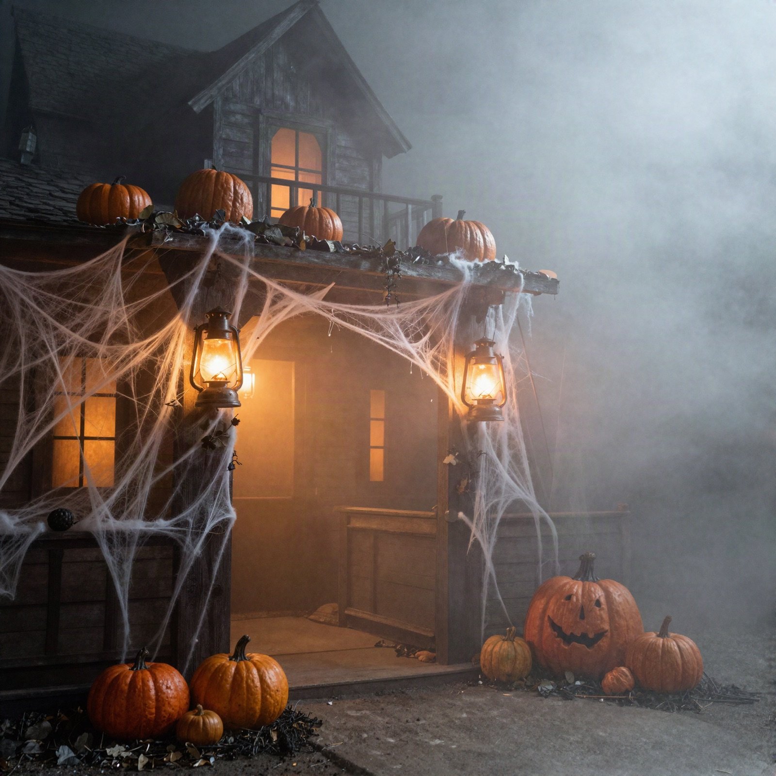 A haunted house porch with cobwebs, lanterns and pumpkins in the fog