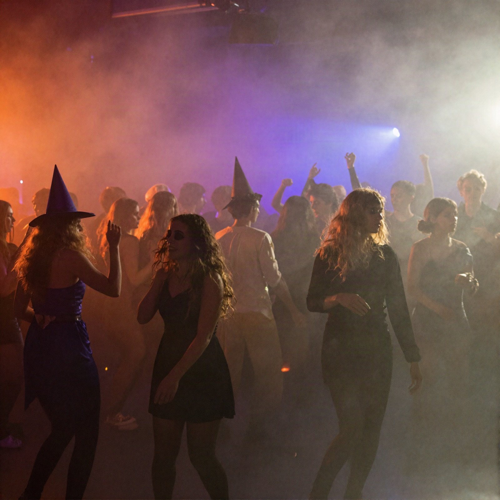 Costumed guests dancing in haze under orange and purple lights