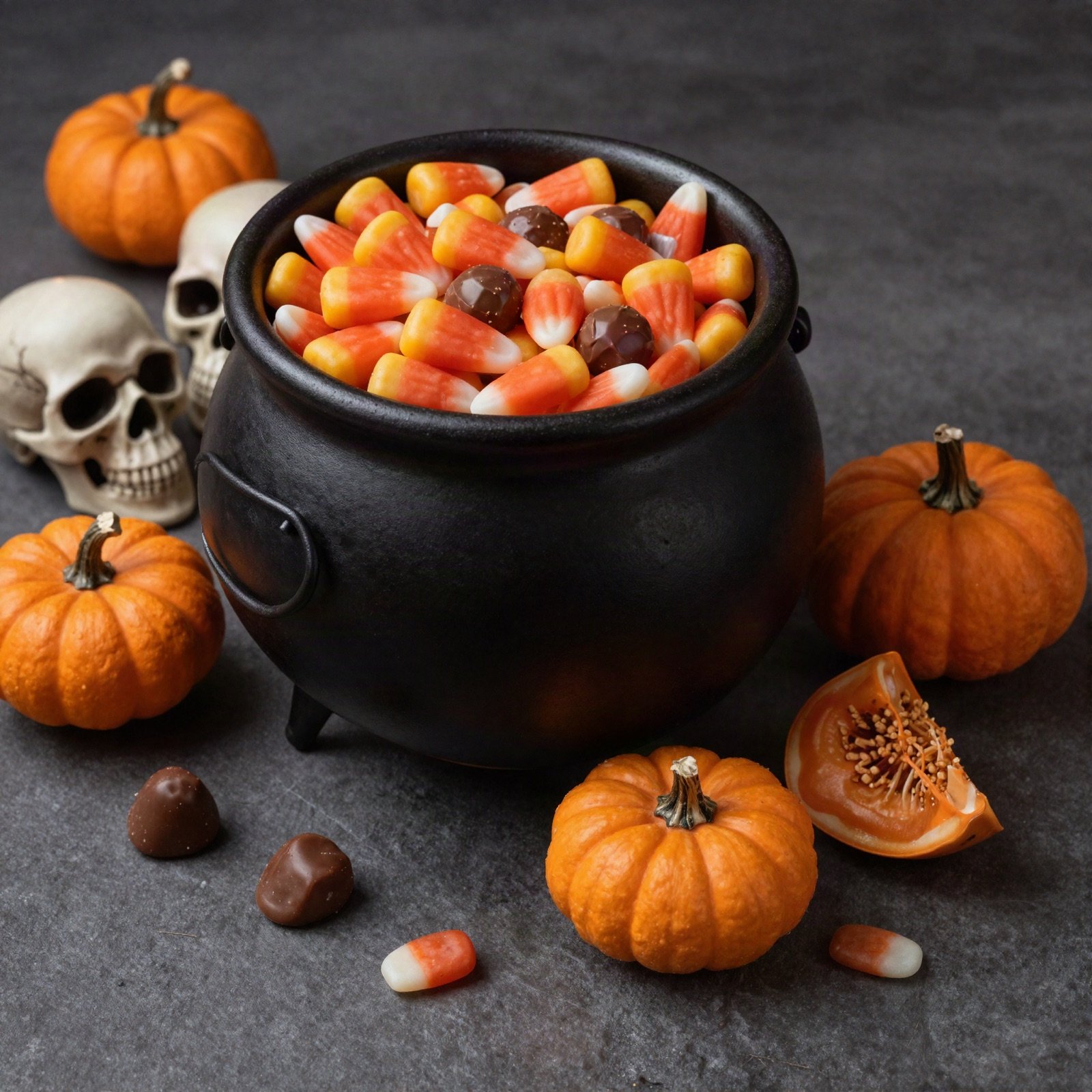 A cauldron of candy corn and chocolates among pumpkins and skulls