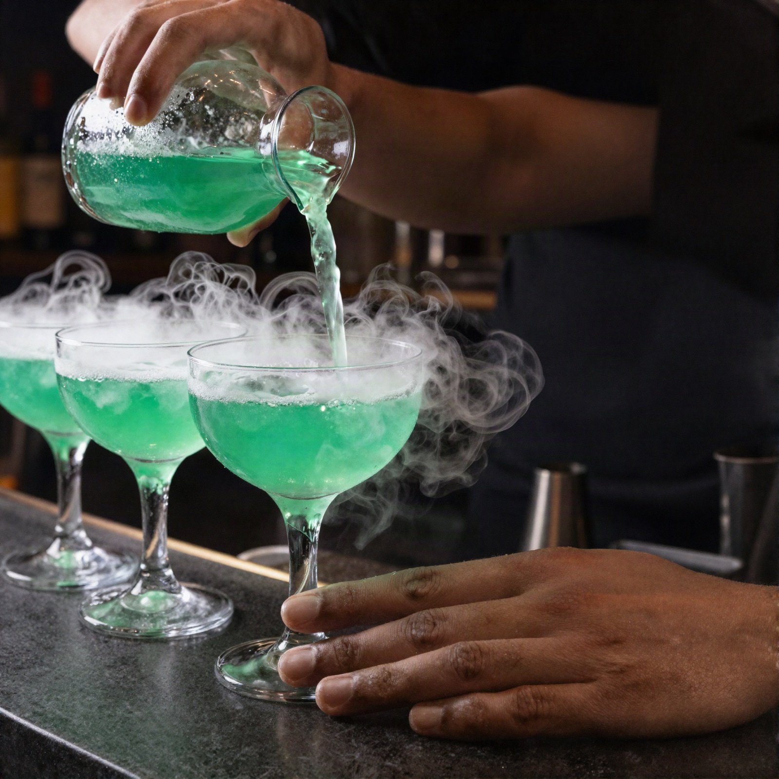 A bartender pouring smoking green potion cocktails