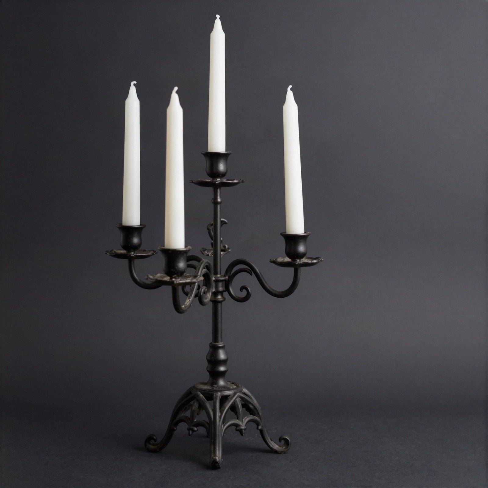 A black wrought iron candelabra with four white candles