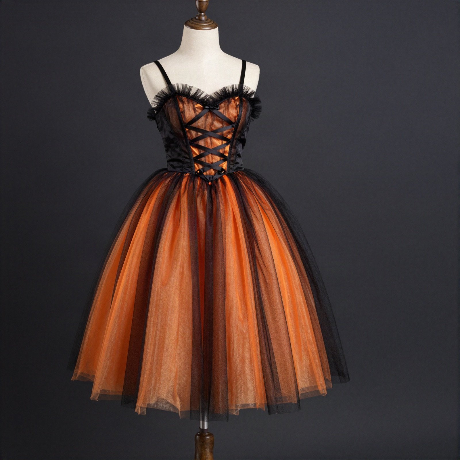 A black and orange tulle Halloween party dress on a dress form