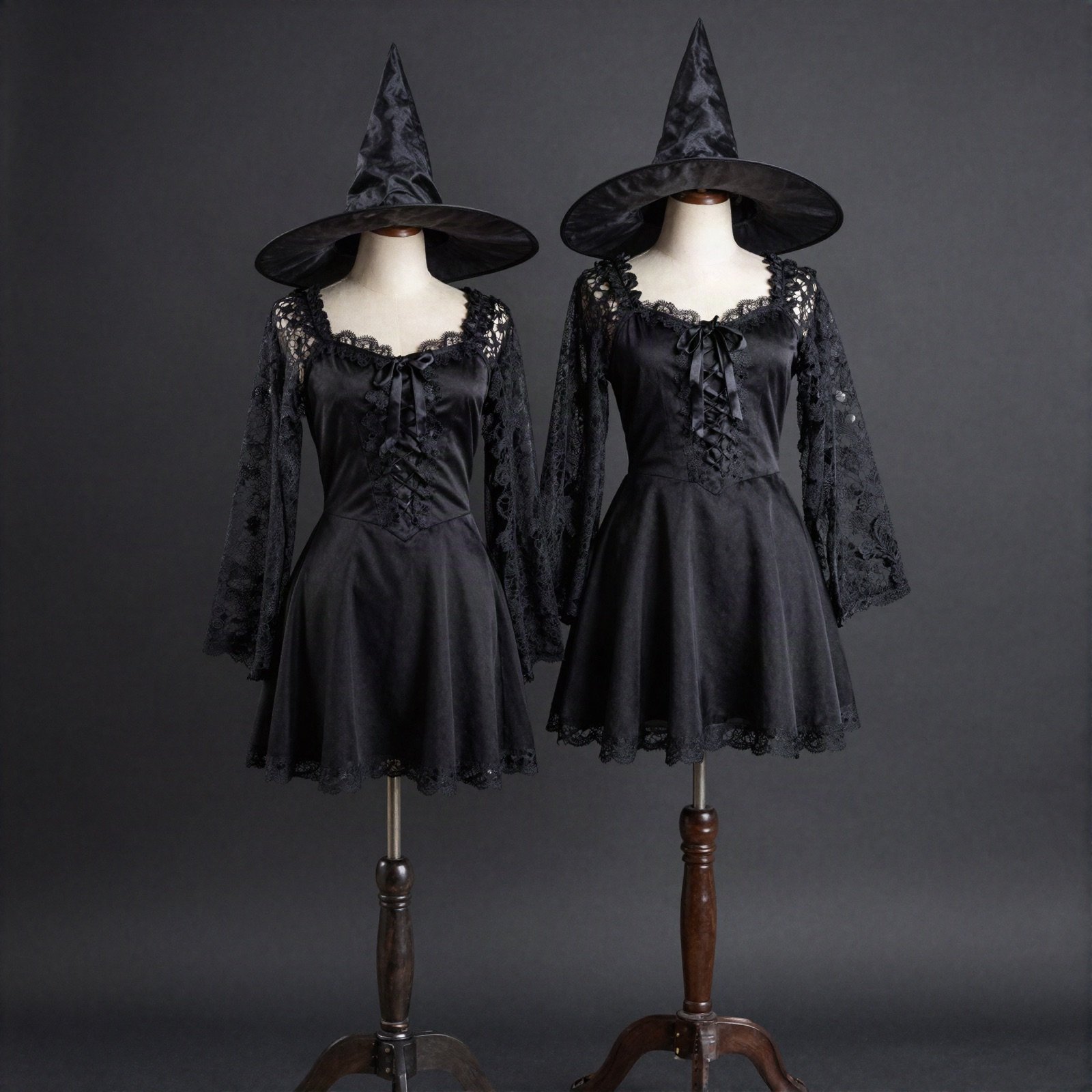 Black lace witch costumes with pointed hats on dress forms