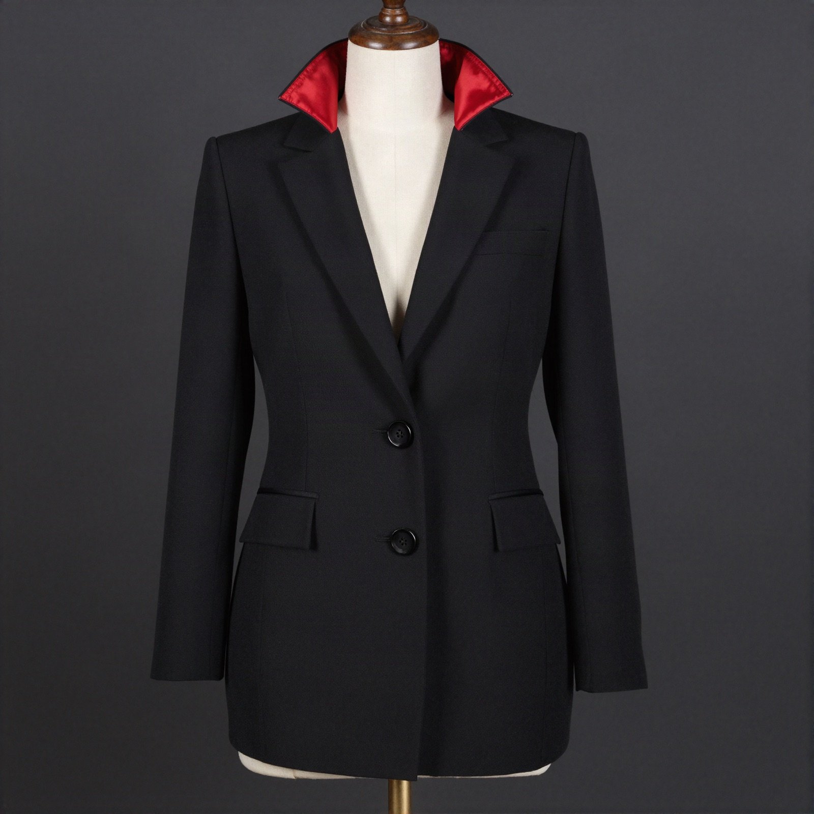 A black tailored suit jacket with a red satin collar on a dress form
