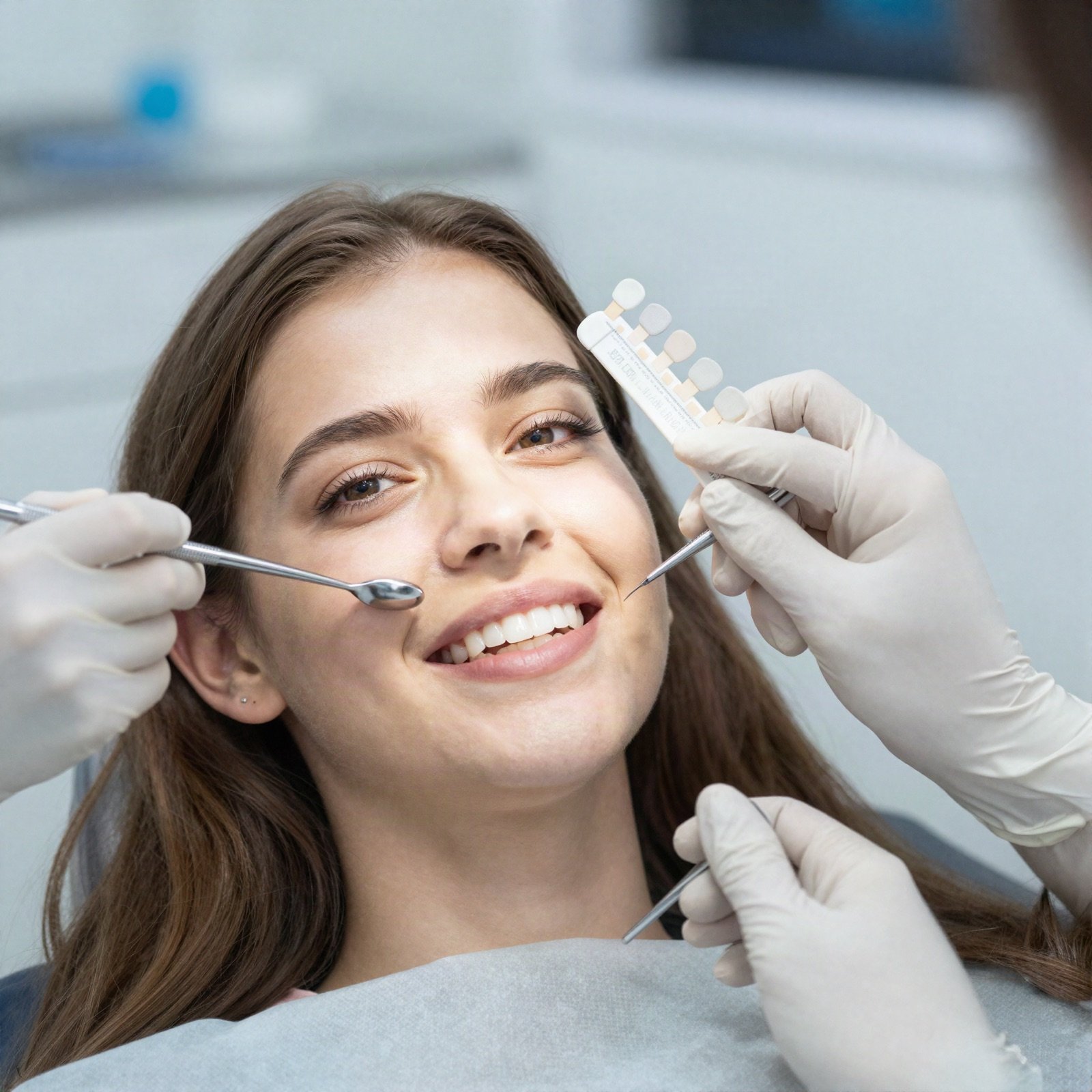 مريضة مبتسمة بينما يفحص طبيب الأسنان درجة لون سنها خلال استشارة تجميلية
