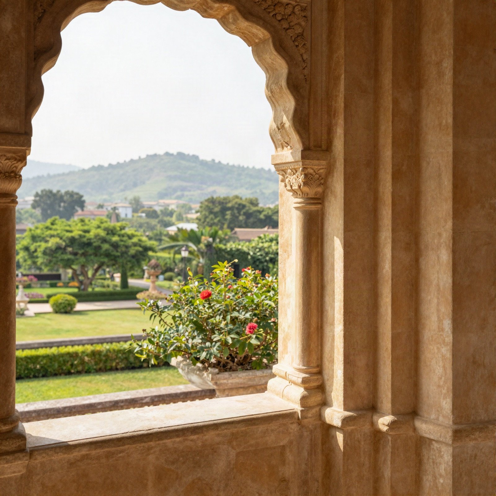 A carved sandstone arch framing palace gardens and distant green hills
