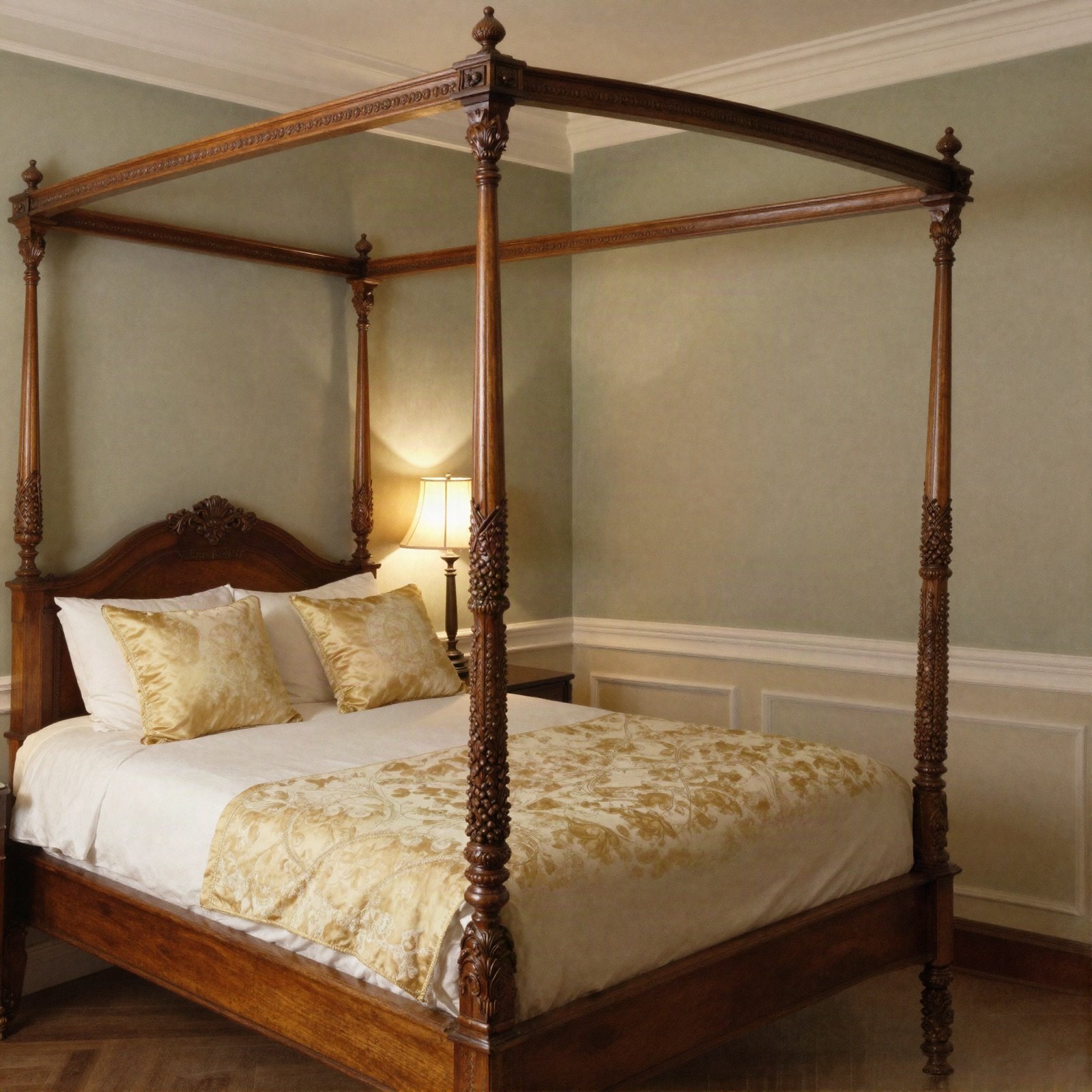 A carved wooden four-poster bed with gold silk bedding in a heritage suite