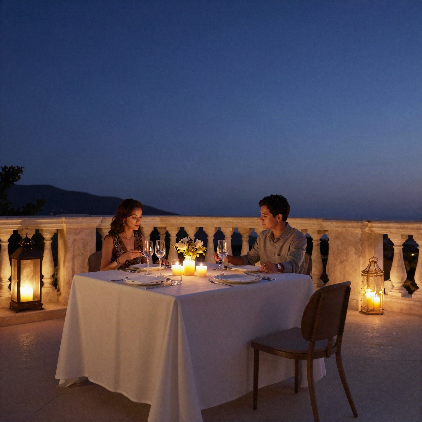A couple dining by candlelight on a palace terrace at dusk
