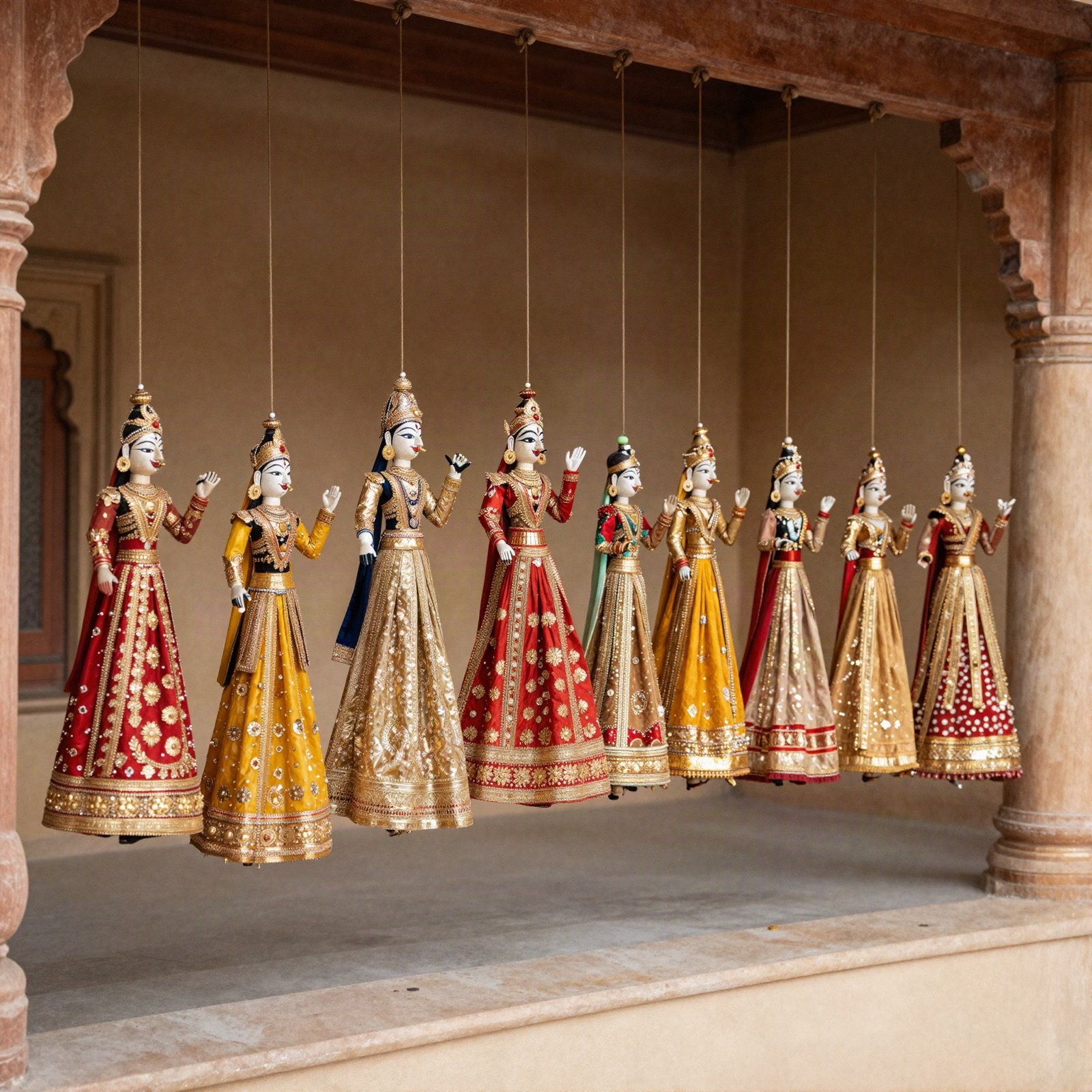 Colourful traditional Rajasthani string puppets hanging in a palace courtyard
