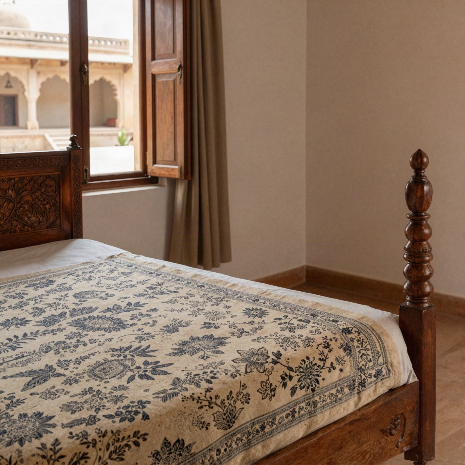 A carved wooden bed with a block-printed bedspread beside a window onto a sandstone courtyard