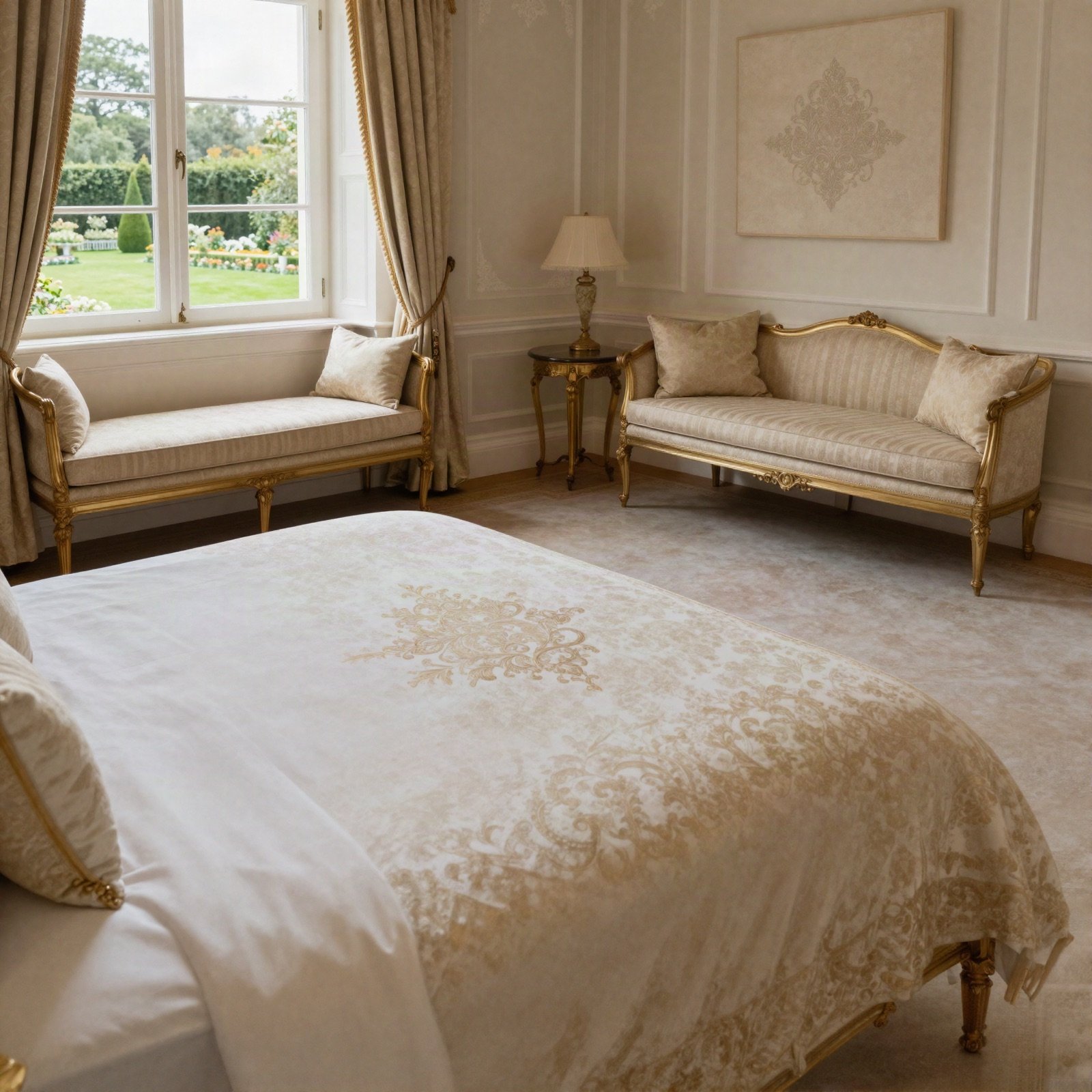 A bright room with an ivory and gold bed and a window seat overlooking gardens