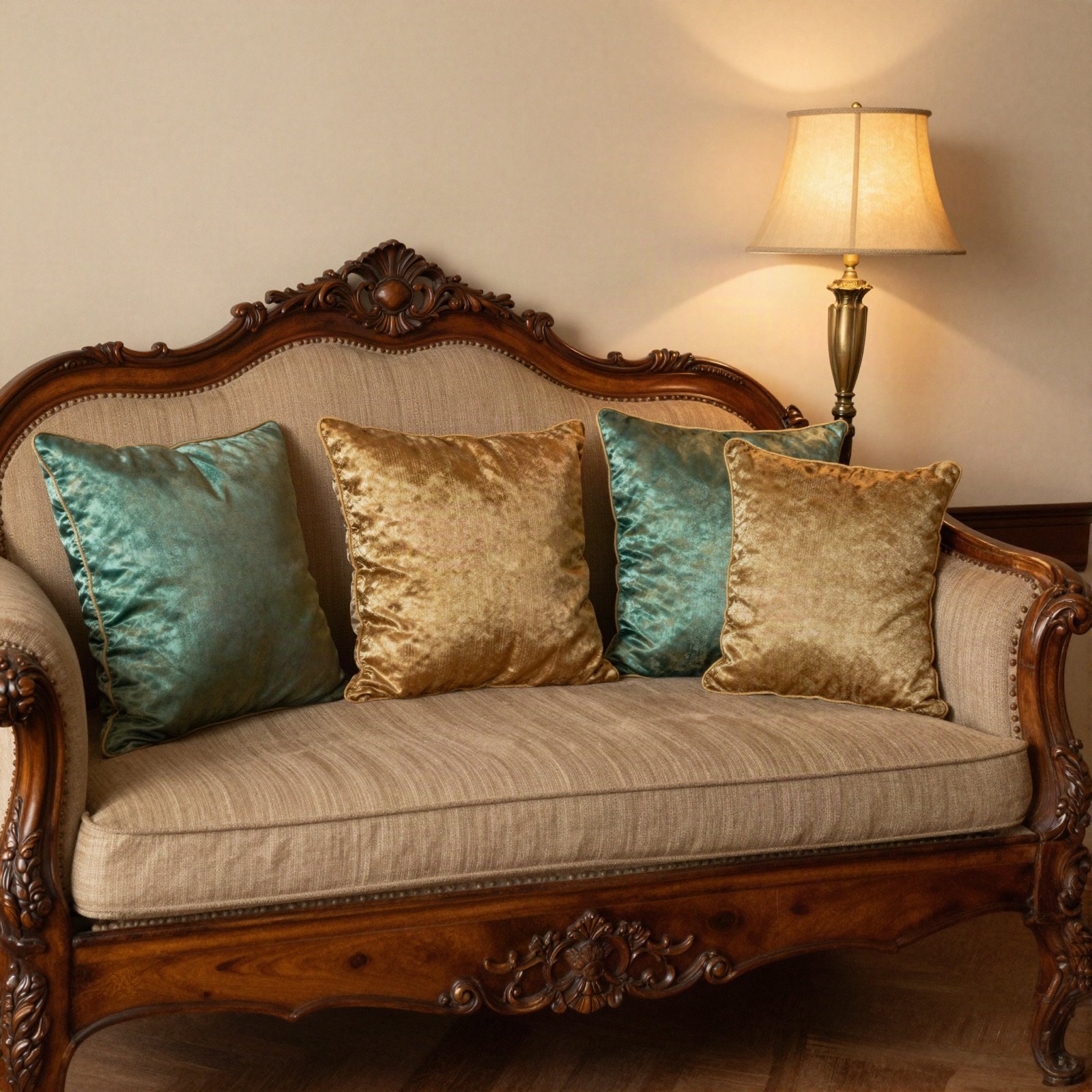 A carved antique sofa with jewel-toned silk cushions beside a brass lamp