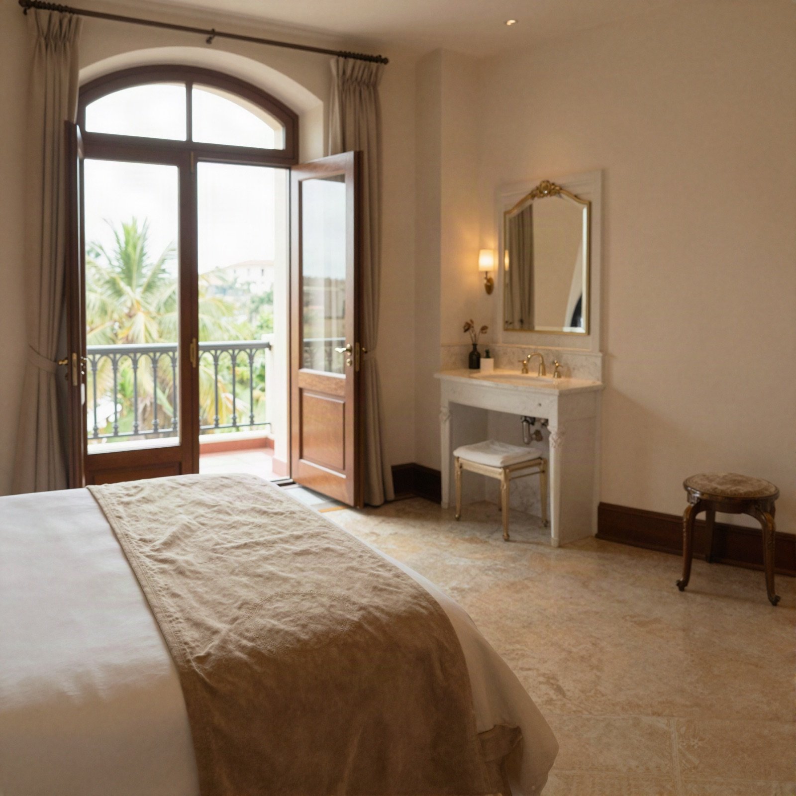 A hotel room with arched doors opening onto a private balcony
