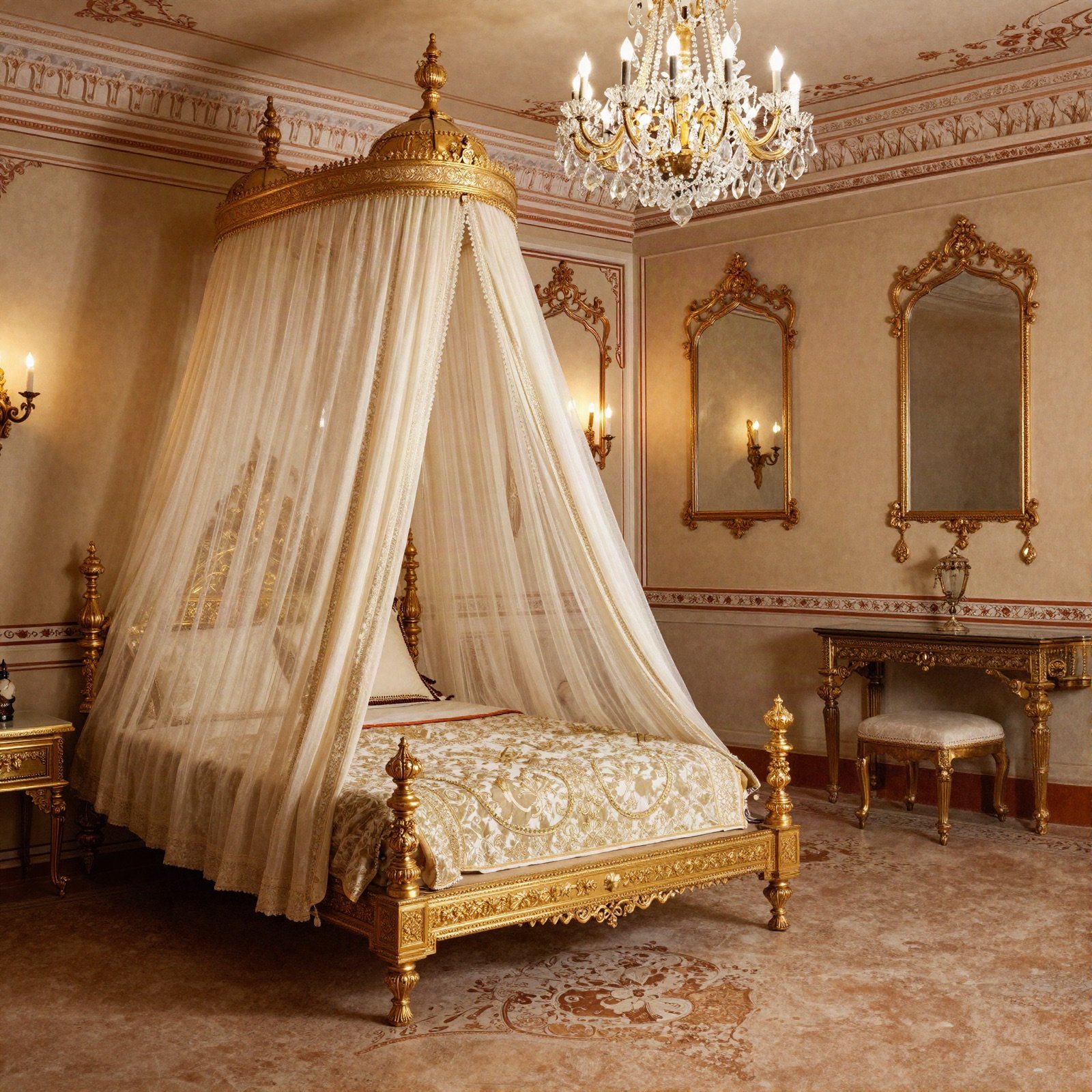 A royal suite with a gilded canopied bed, chandelier and gold-framed mirrors