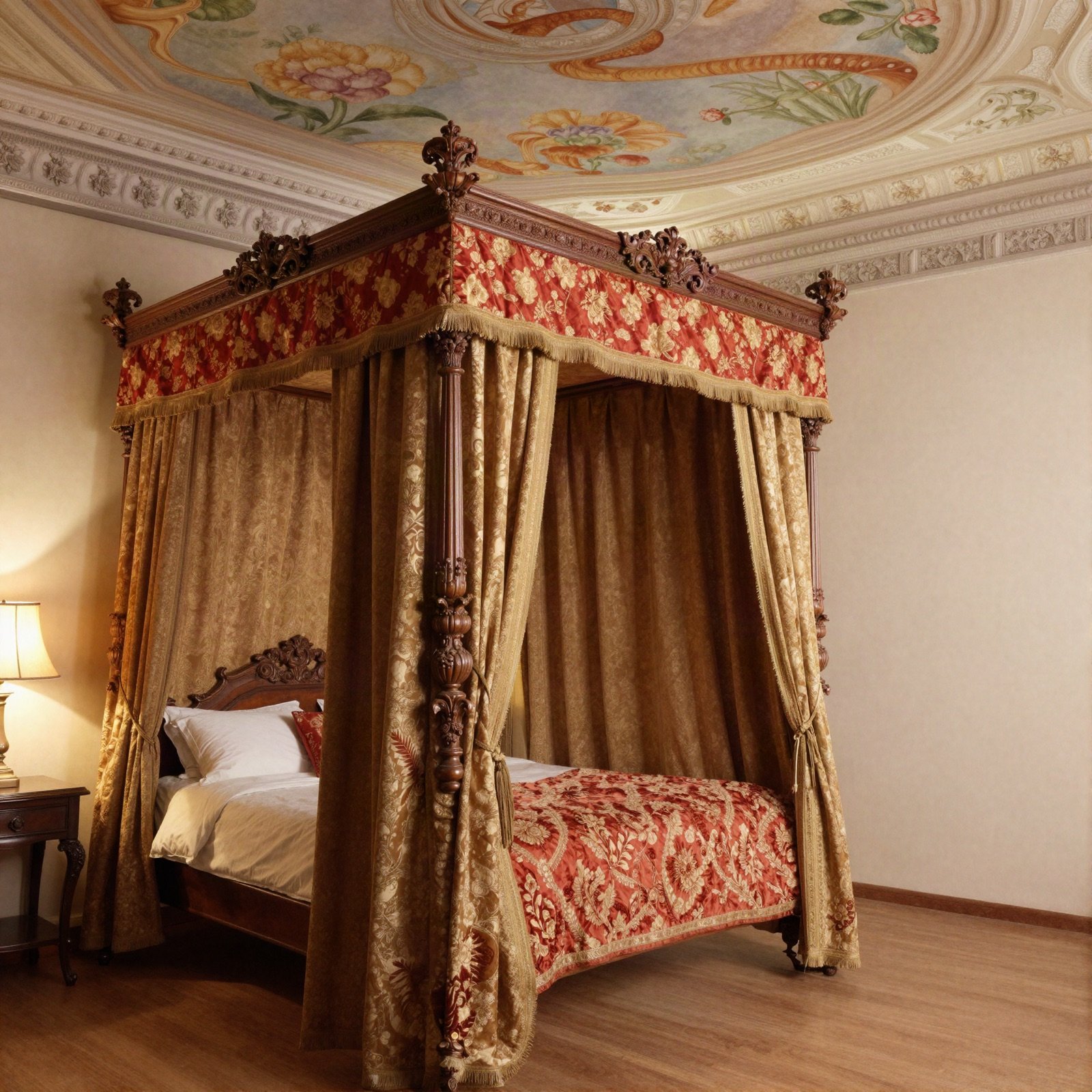 A carved four-poster bed with red and gold drapes under a frescoed ceiling