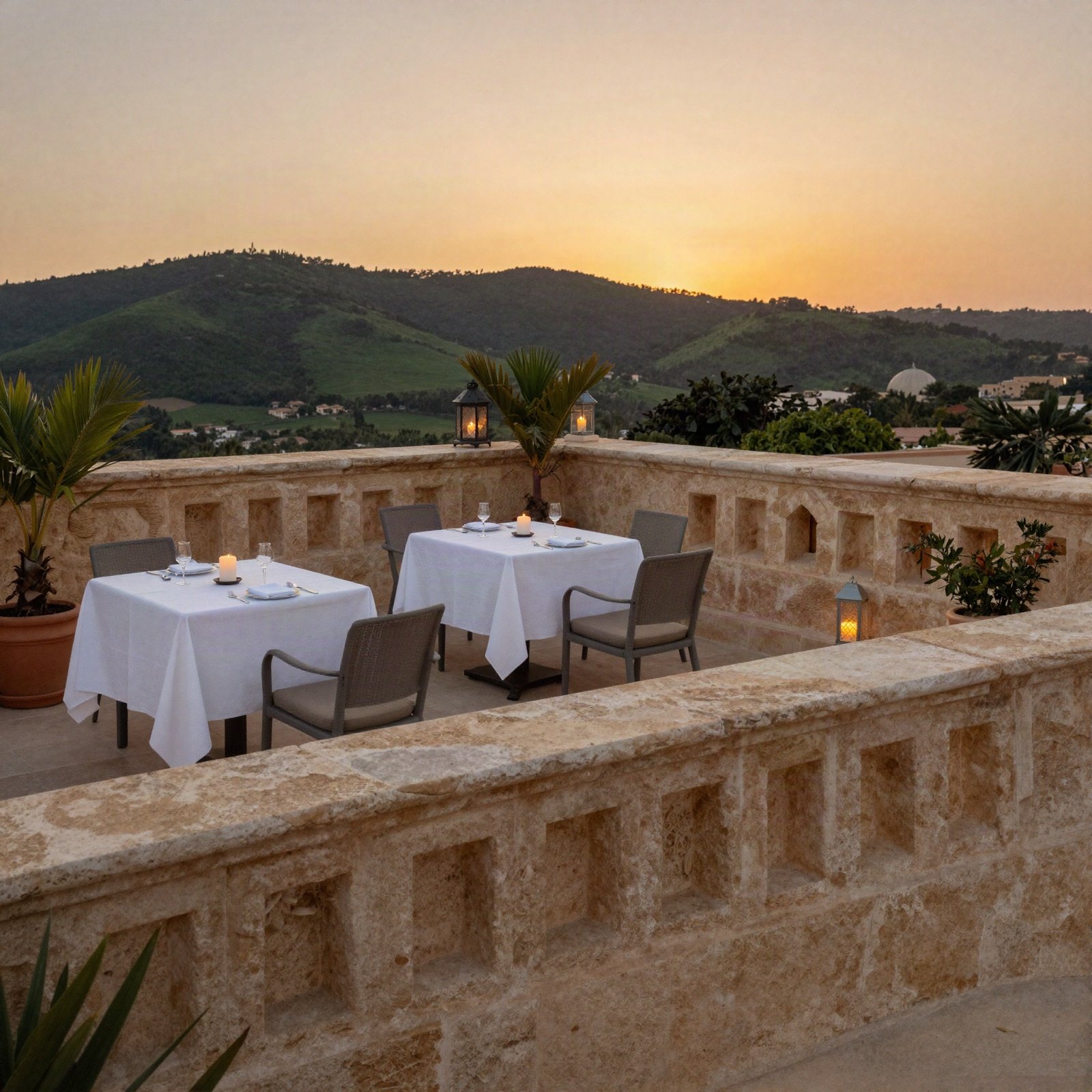 Candlelit tables on a sandstone rooftop terrace at sunset above green hills
