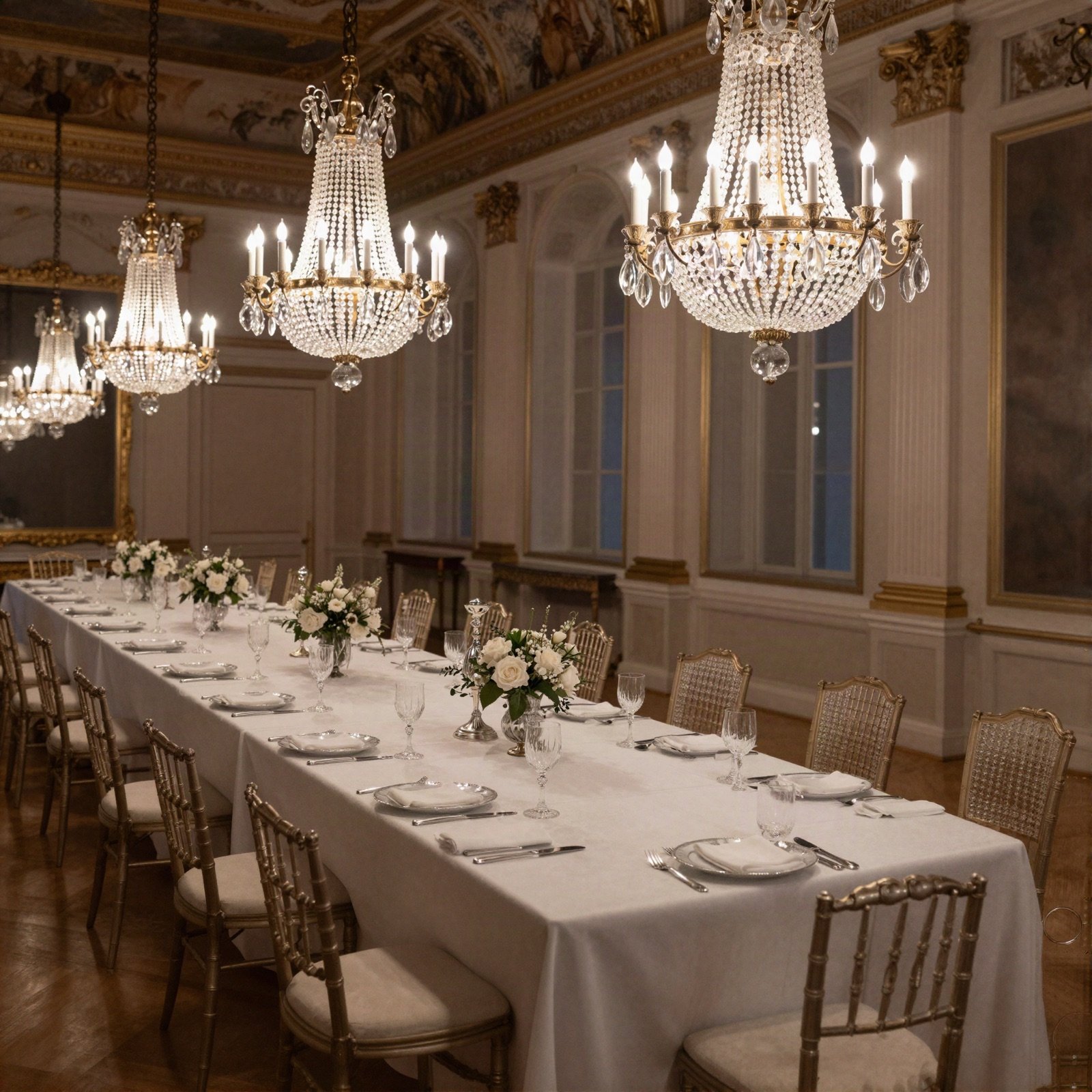 A long table set with white linen under crystal chandeliers in a grand dining hall
