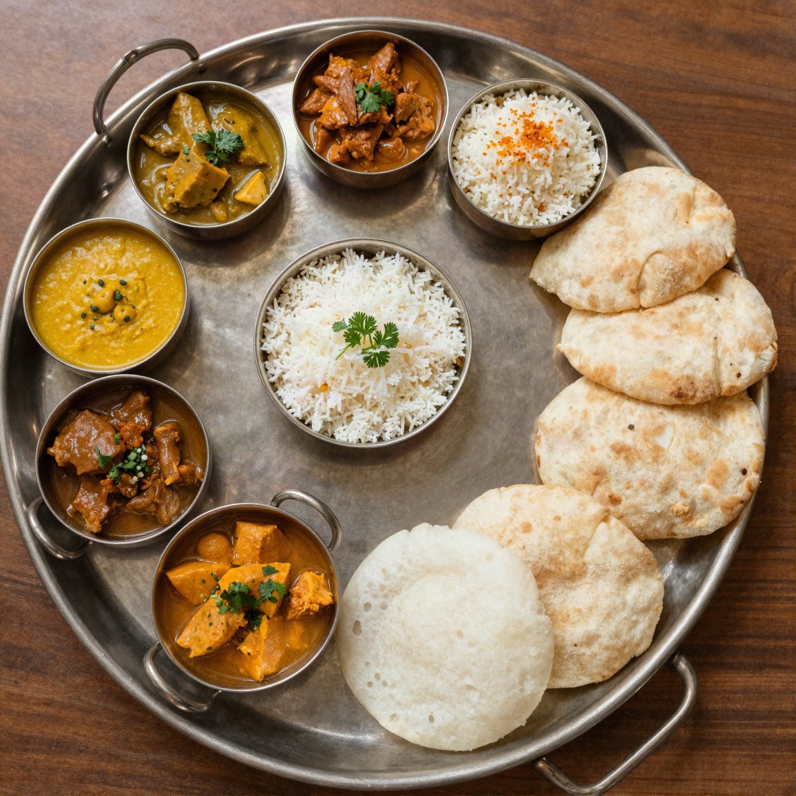 A royal Rajasthani thali with curries, rice and breads on a silver platter