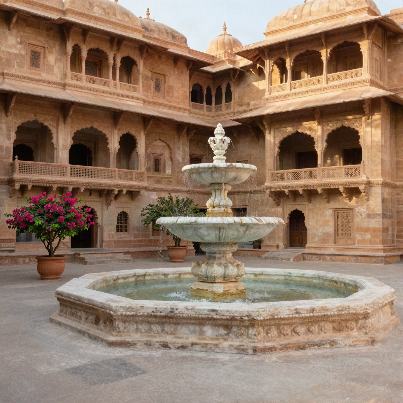 A marble fountain in a sandstone palace courtyard with carved balconies