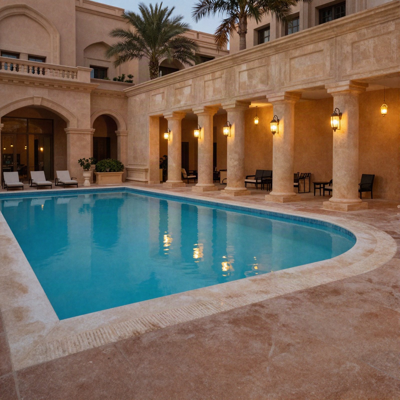 A palace pool flanked by sandstone colonnades and palms at dusk