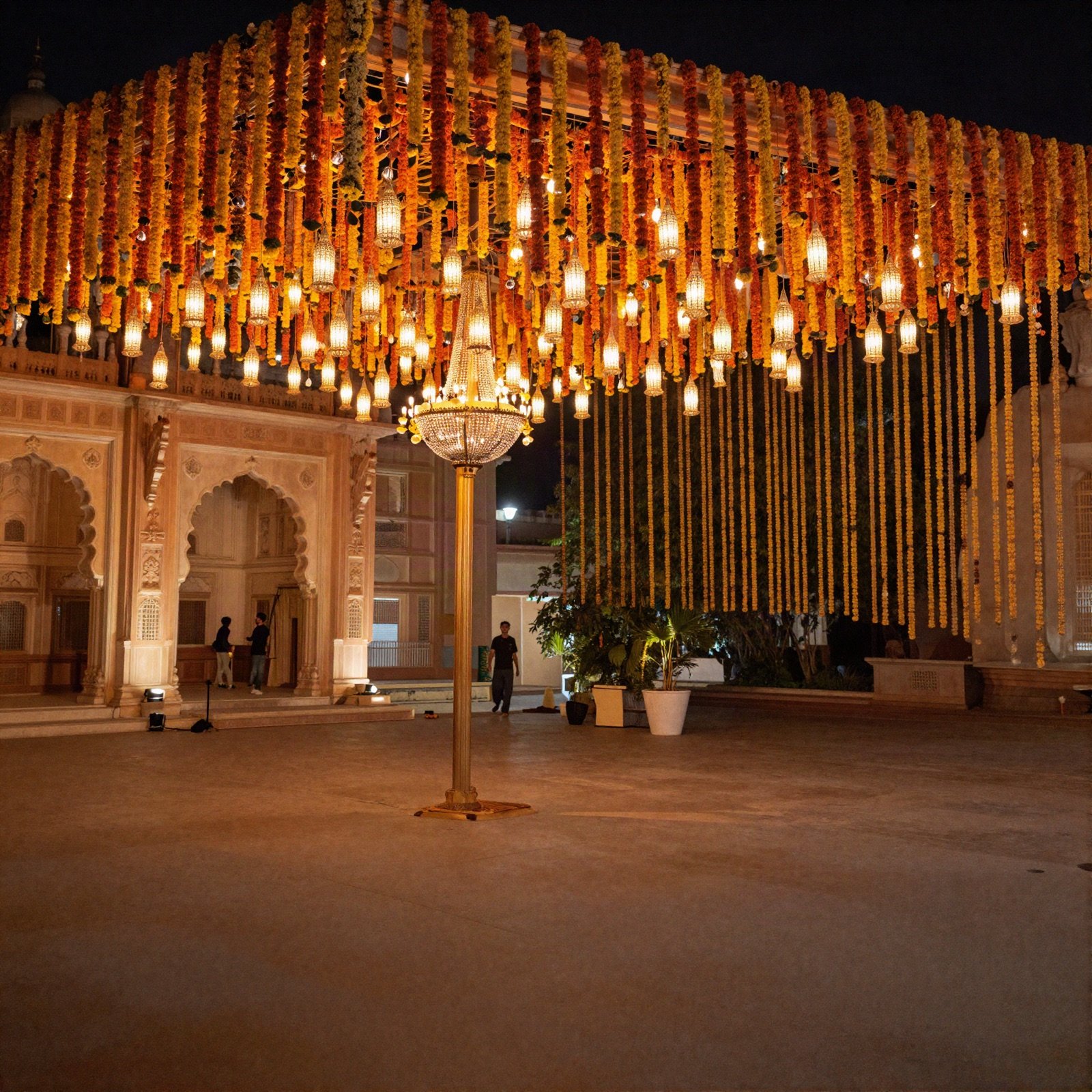A palace courtyard decorated with marigold garlands and glowing lanterns