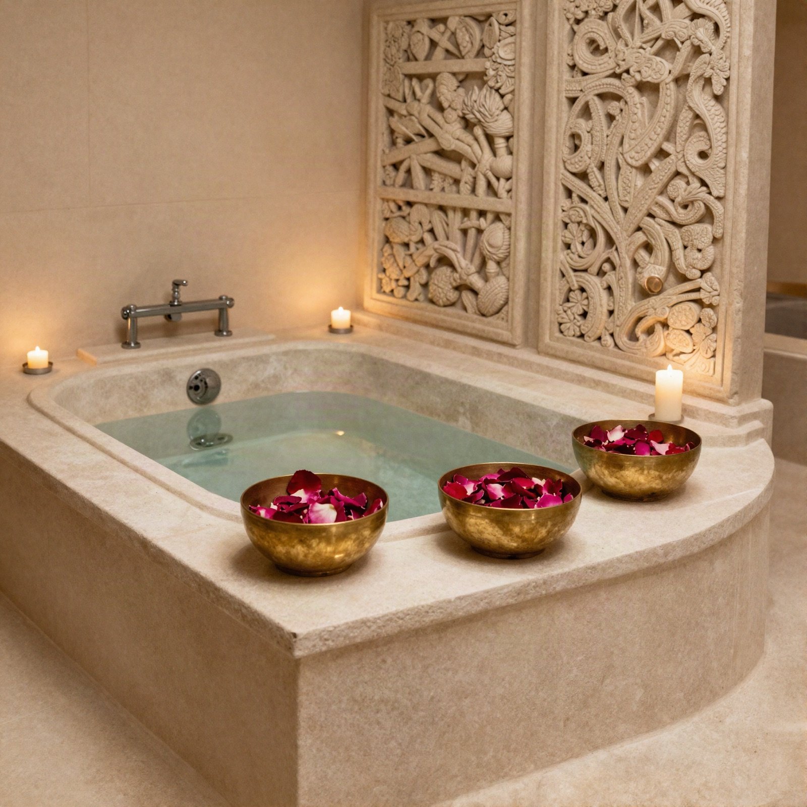 A stone bath with brass bowls of rose petals and candles beside carved screens