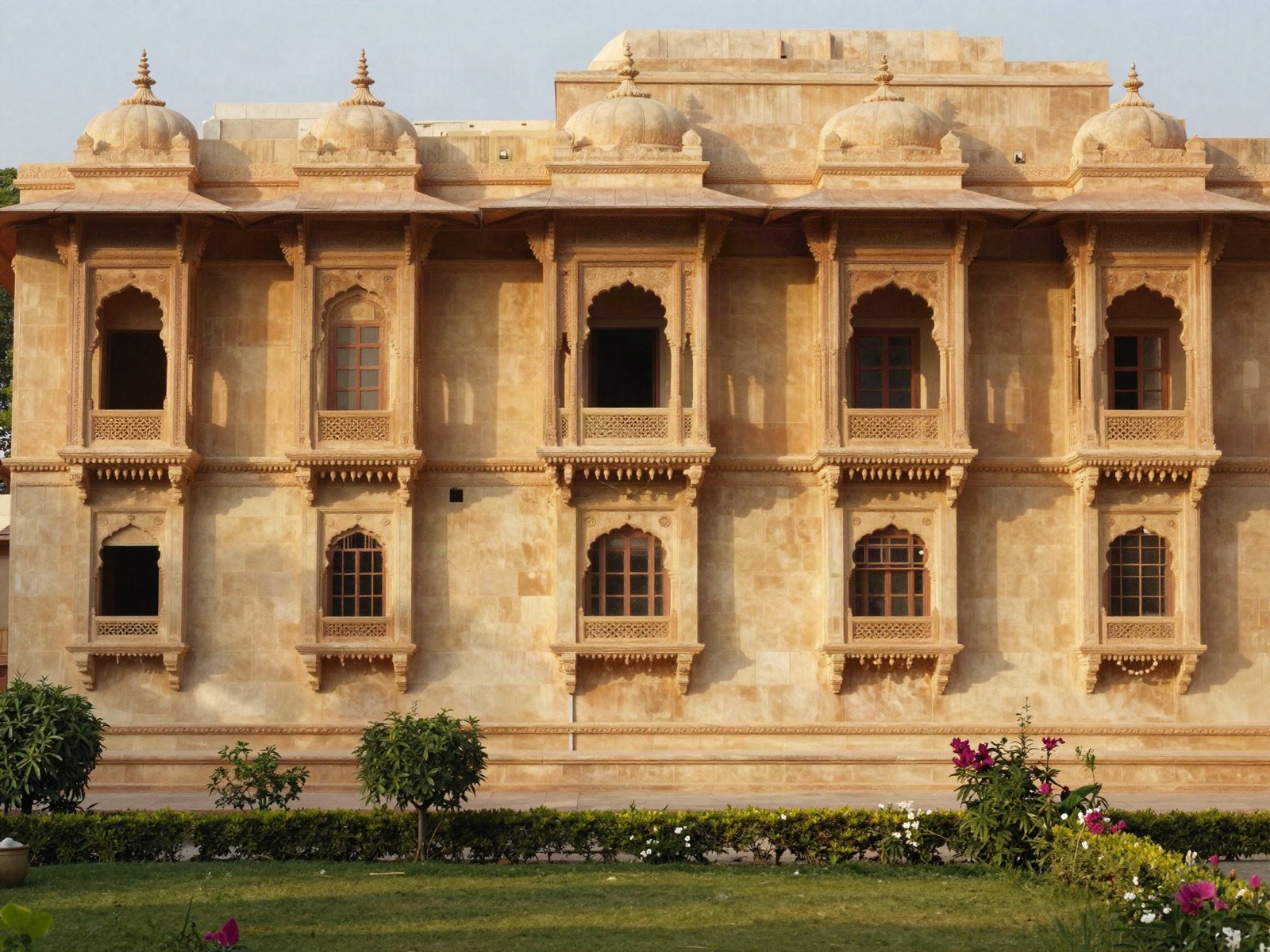 A restored sandstone palace facade with carved balconies above a garden