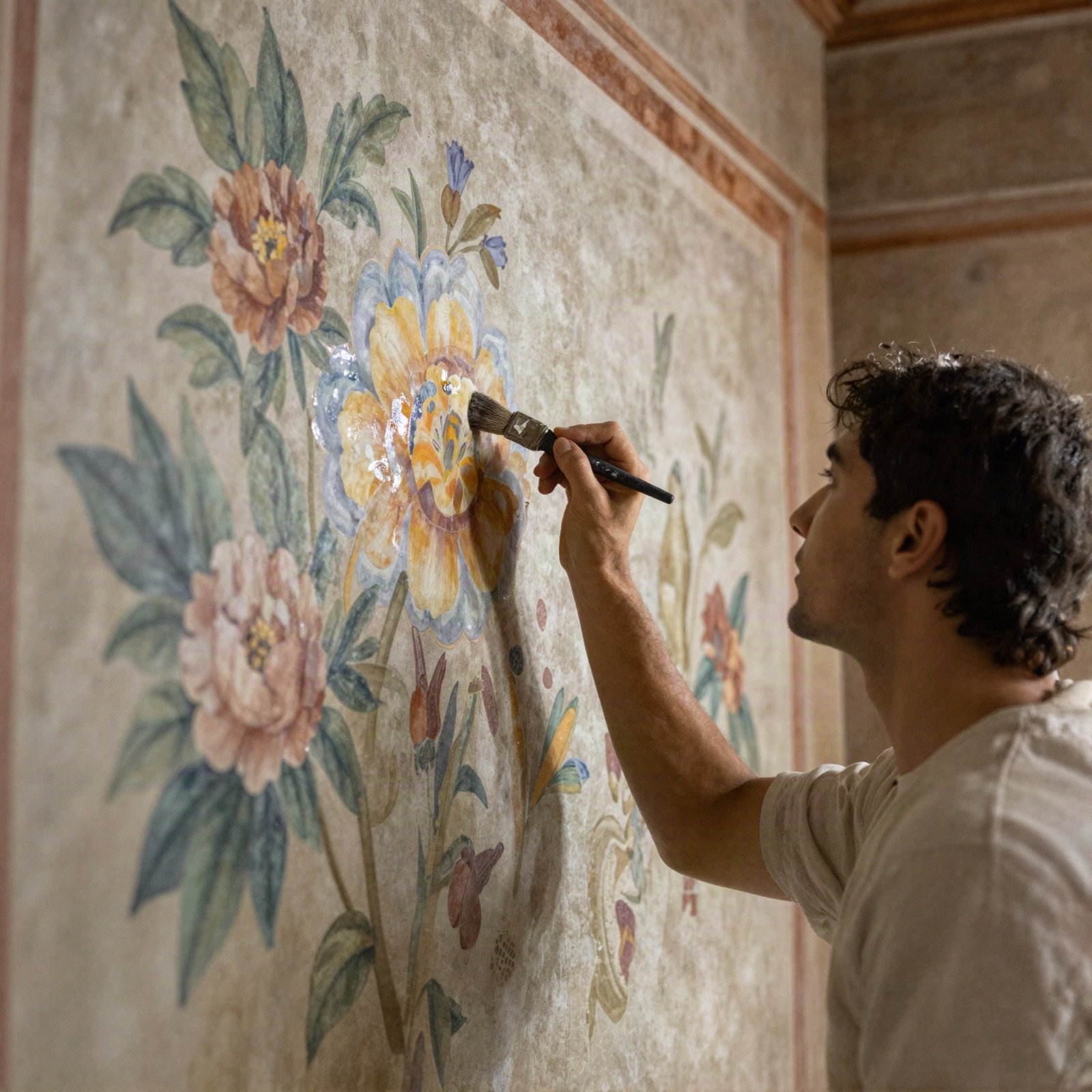 An artisan restoring a floral fresco with a fine brush
